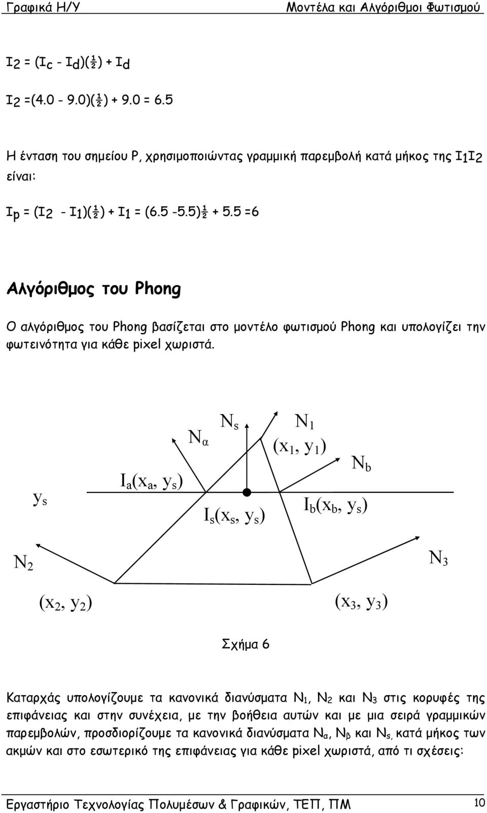 Ι a a, ) Ν α Ν Ι, ) Ν, ) Ν b Ι b b, ) Ν 2 Ν 2, 2 ), ) Σχήμα 6 Καταρχάς υπολογίζουμε τα κανονικά διανύσματα Ν, Ν 2 και Ν στις κορυφές της επιφάνειας και στην συνέχεια, με την βοήθεια