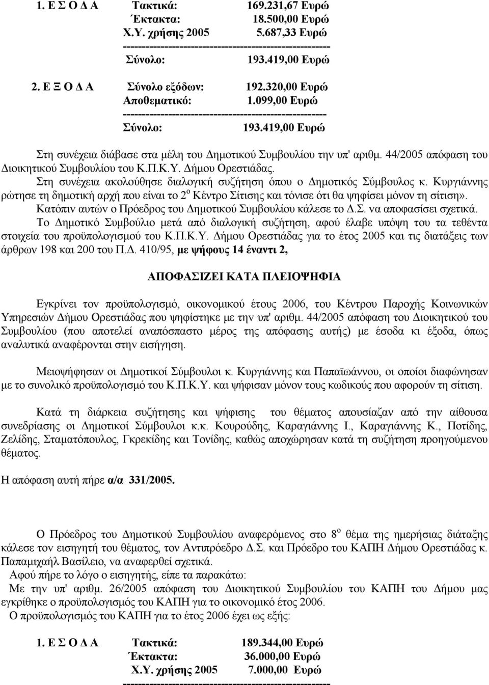 419,00 Ευρώ Στη συνέχεια διάβασε στα μέλη του Δημοτικού Συμβουλίου την υπ' αριθμ. 44/2005 απόφαση τoυ Διoικητικoύ Συμβoυλίoυ του Κ.Π.Κ.Υ. Δήμου Ορεστιάδας.