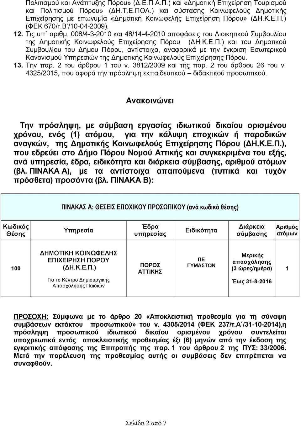 008/4-3-2010 και 48/14-4-2010 αποφάσεις του Διοικητικού Συμβουλίου της Δημοτικής Κοινωφελούς Επιχείρησης Πό
