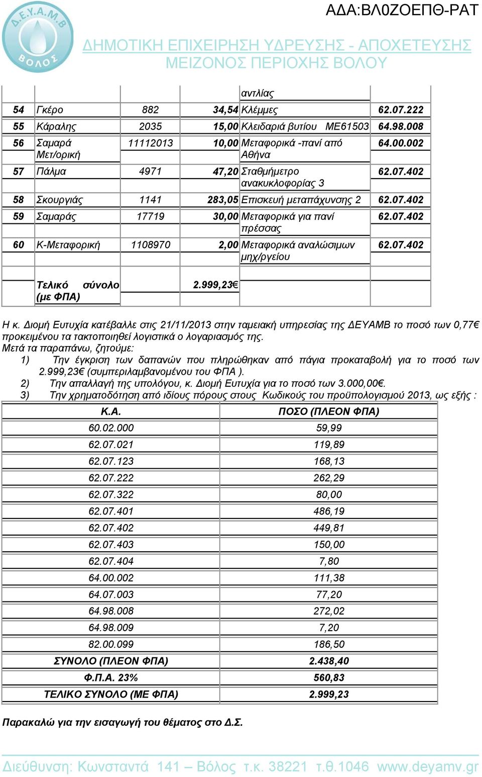07.402 Τελικό σύνολο (με ΦΠΑ) 2.999,23 Η κ. Διομή Ευτυχία κατέβαλλε στις 21/11/2013 στην ταμειακή υπηρεσίας της ΔΕΥΑΜΒ το ποσό των 0,77 προκειμένου τα τακτοποιηθεί λογιστικά ο λογαριασμός της.
