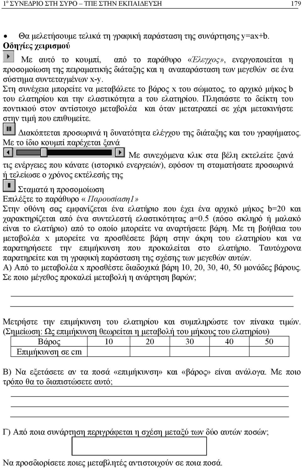 Στη συνέχεια μπορείτε να μεταβάλετε τo βάρος x του σώματος, το αρχικό μήκος b του ελατηρίου και την ελαστικότητα a του ελατηρίου.