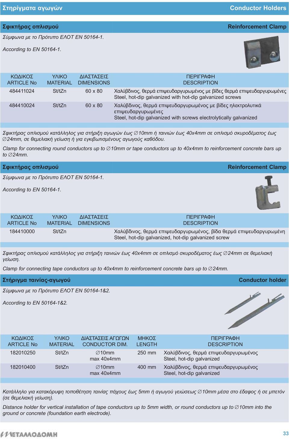 electrolytically galvanized Σφικτήρας οπλισμού κατάλληλος για στήριξη αγωγών έως 10mm ή ταινιών έως 40x4mm σε οπλισμό σκυροδέματος έως 24mm, σε θεμελιακή γείωση ή για εγκιβωτισμένους αγωγούς καθόδου.