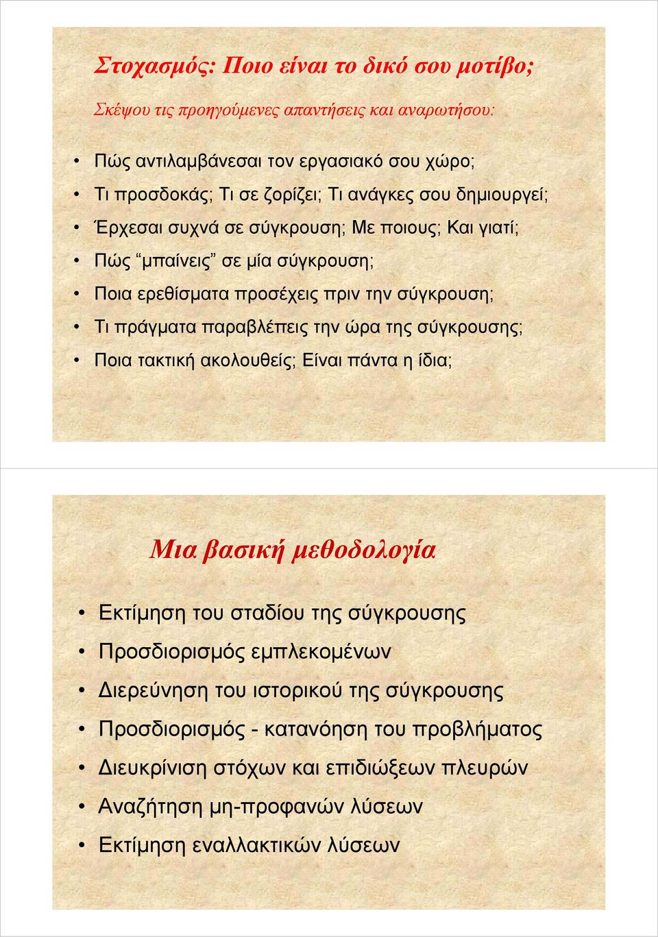 παραβλέπεις την ώρα της σύγκρουσης; Ποια τακτική ακολουθείς; Είναι πάντα η ίδια; Μια βασική μεθοδολογία Εκτίμηση του σταδίου της σύγκρουσης Προσδιορισμός εμπλεκομένων