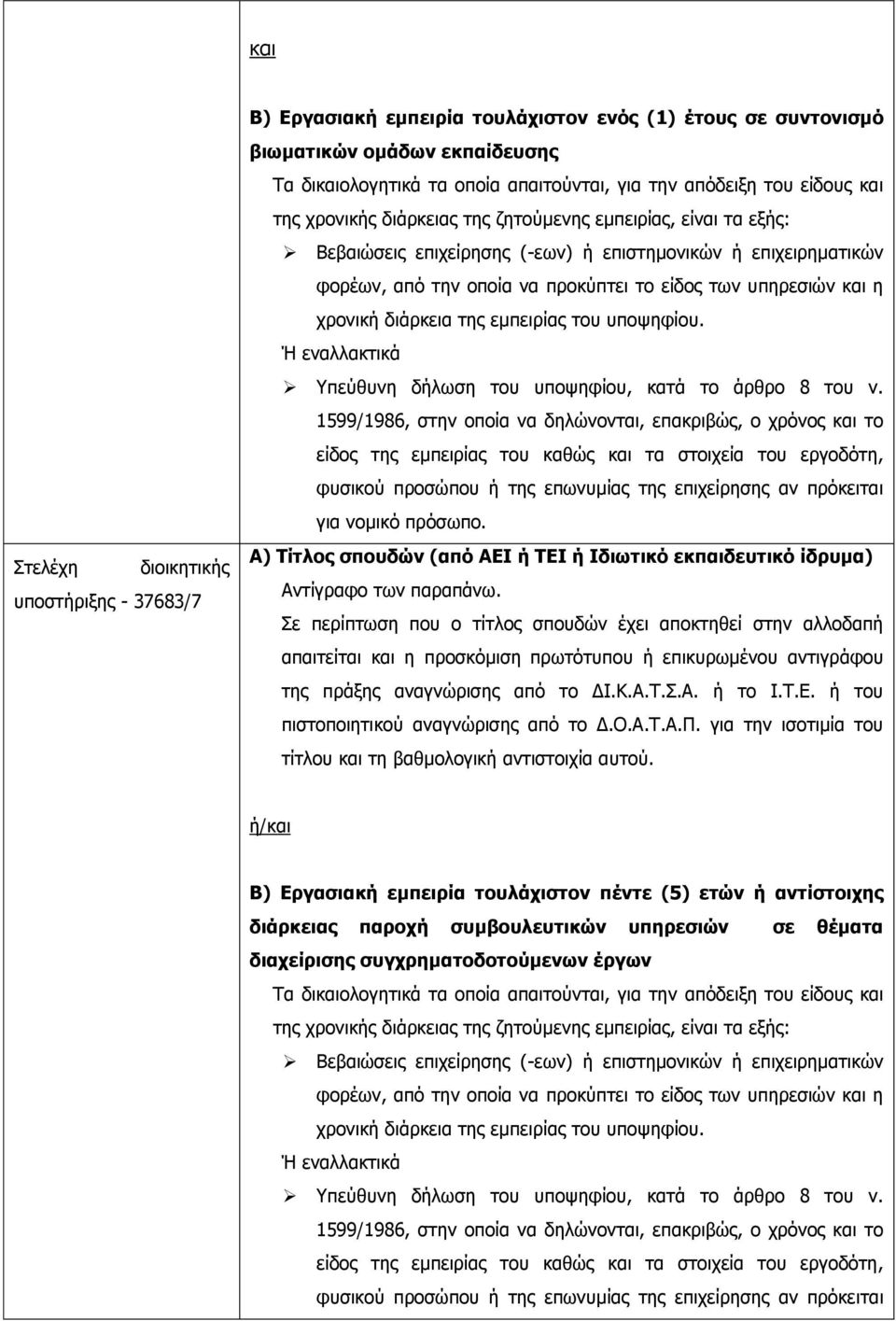 διάρκεια της εμπειρίας του υποψηφίου. Ή εναλλακτικά Υπεύθυνη δήλωση του υποψηφίου, κατά το άρθρο 8 του ν.