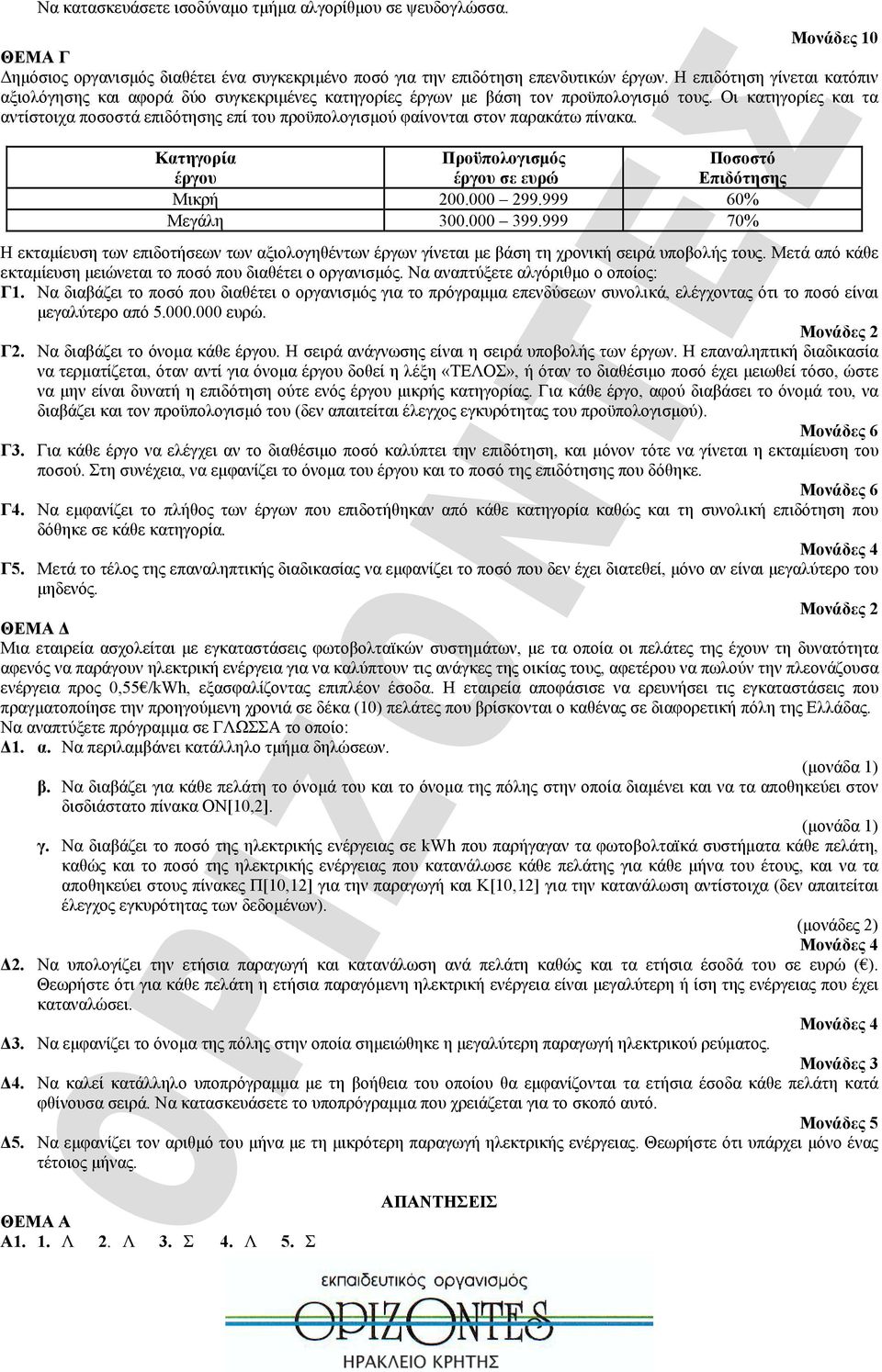 Οι κατηγορίες και τα αντίστοιχα ποσοστά επιδότησης επί του προϋπολογισμού φαίνονται στον παρακάτω πίνακα. Κατηγορία έργου Προϋπολογισμός έργου σε ευρώ Ποσοστό Επιδότησης Μικρή 200.000 299.