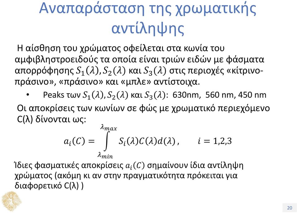 Peaks των, και : 630nm, 560 nm, 450 nm Οι αποκρίσεις των κωνίων σε φώς με χρωματικό περιεχόμενο C(λ) δίνονται ως:,