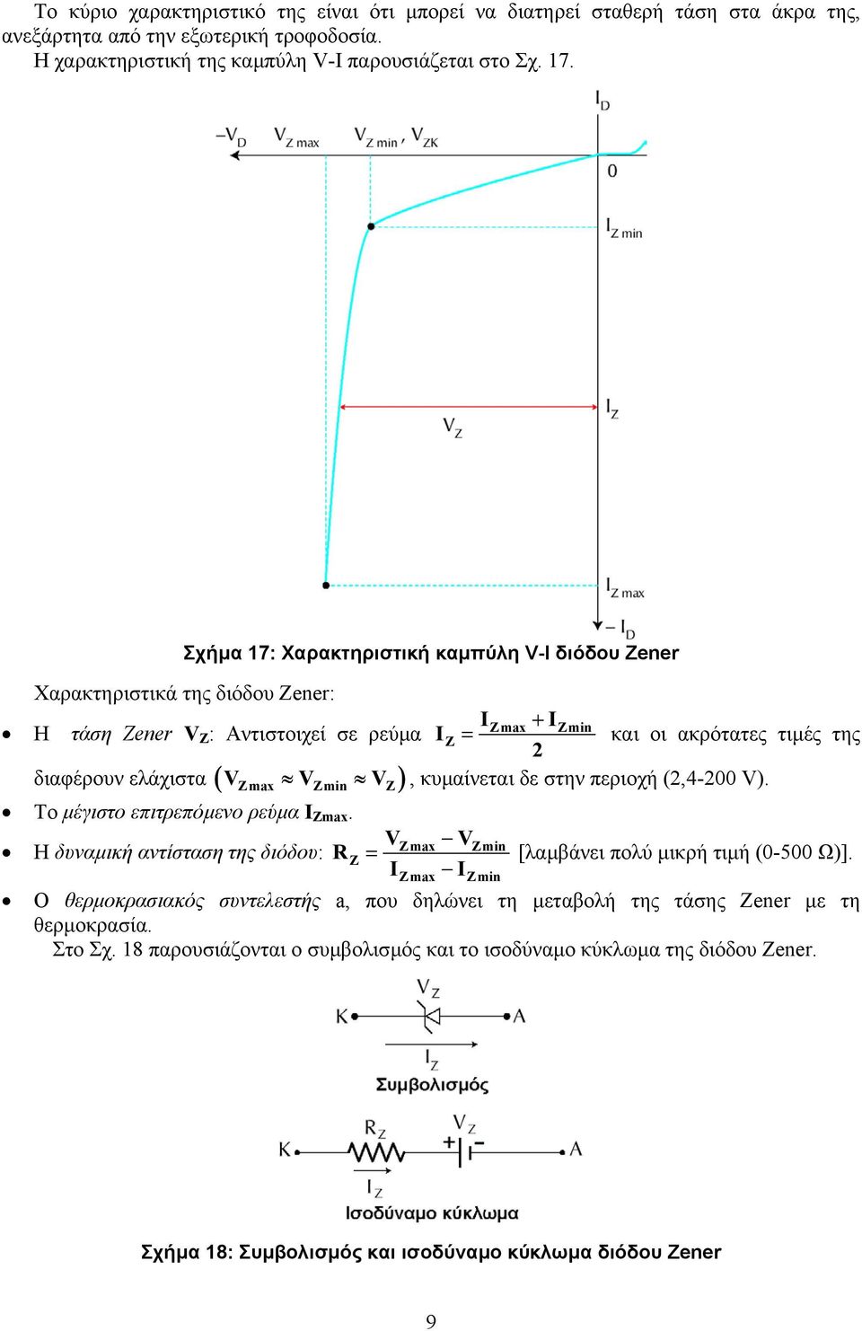 περιοχή (2,4-200 V). διαφέρουν ελάχιστα ( ) Zmax Zmin Z Το µέγιστο επιτρεπόµενο ρεύµα Ι Zmax. VZmax VZmin Η δυναµική αντίσταση της διόδου: RZ = I I Zmax Zmin [λαµβάνει πολύ µικρή τιµή (0-500 Ω)].