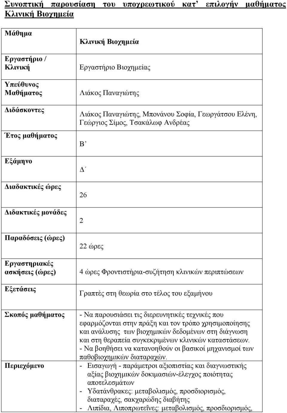 Ανδρέας Β Δ 26 2 22 ώρες 4 ώρες Φροντιστήρια-συζήτηση κλινικών περιπτώσεων Γραπτές στη θεωρία στο τέλος του εξαµήνου Σκοπός µαθήµατος Περιεχόµενο - Να παρουσιάσει τις διερευνητικές τεχνικές που