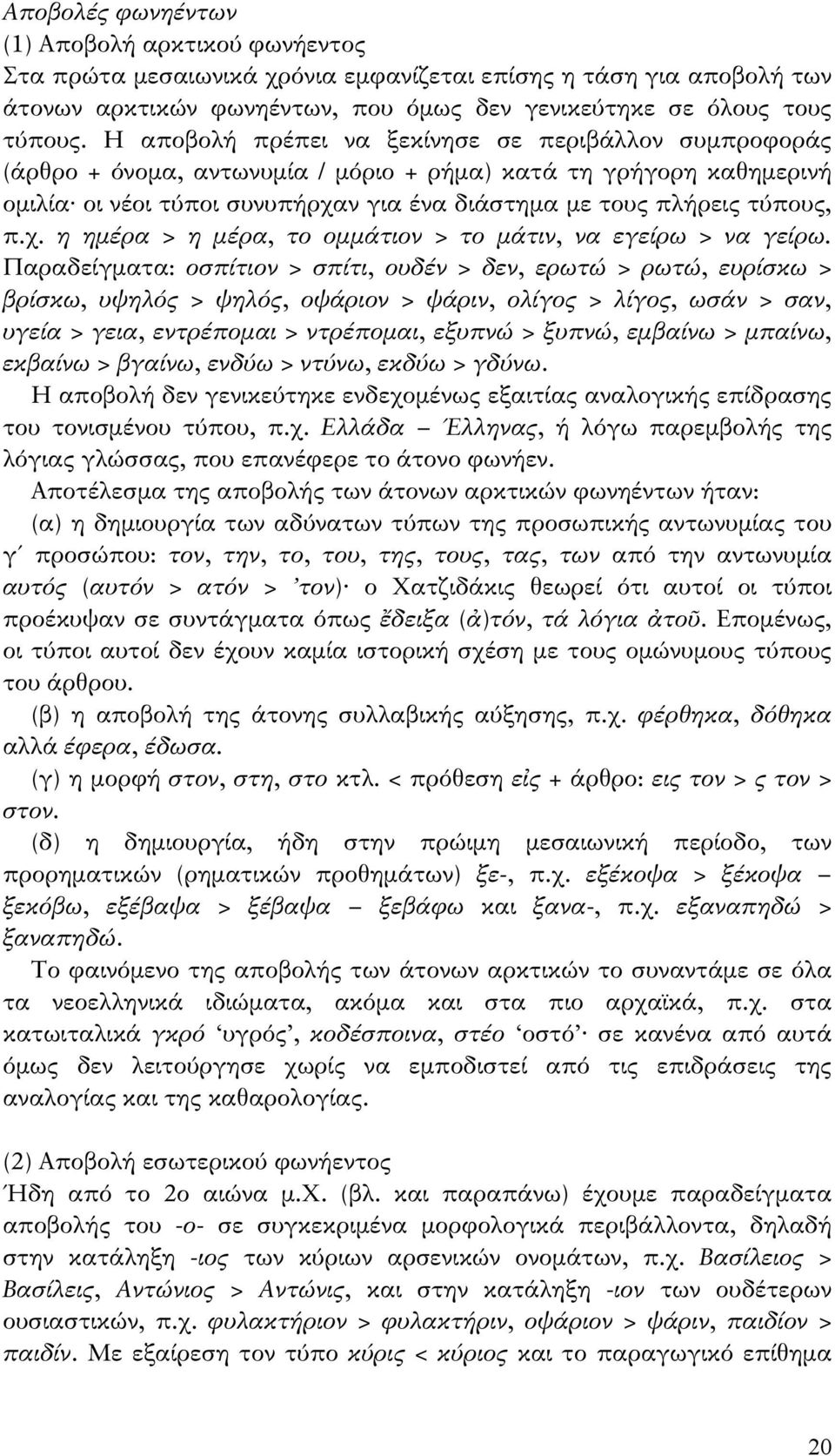 χ. η ημέρα > η μέρα, το ομμάτιον > το μάτιν, να εγείρω > να γείρω.