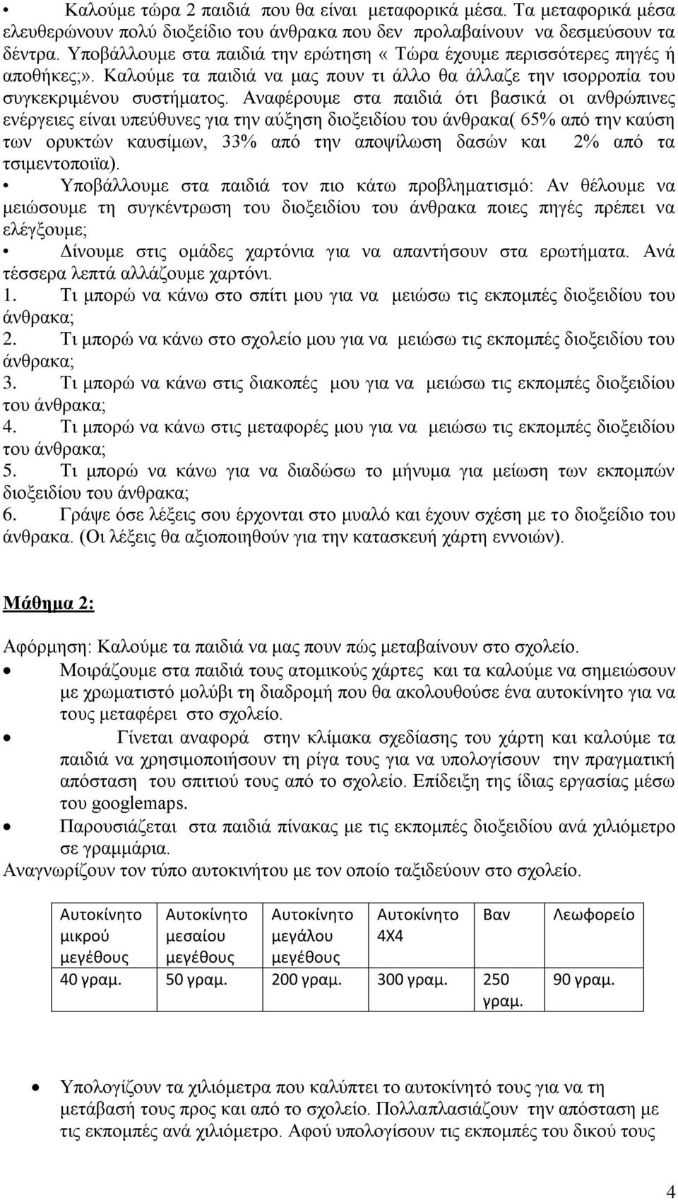 Αναφέρουμε στα παιδιά ότι βασικά οι ανθρώπινες ενέργειες είναι υπεύθυνες για την αύξηση διοξειδίου του άνθρακα( 65% από την καύση των ορυκτών καυσίμων, 33% από την αποψίλωση δασών και 2% από τα