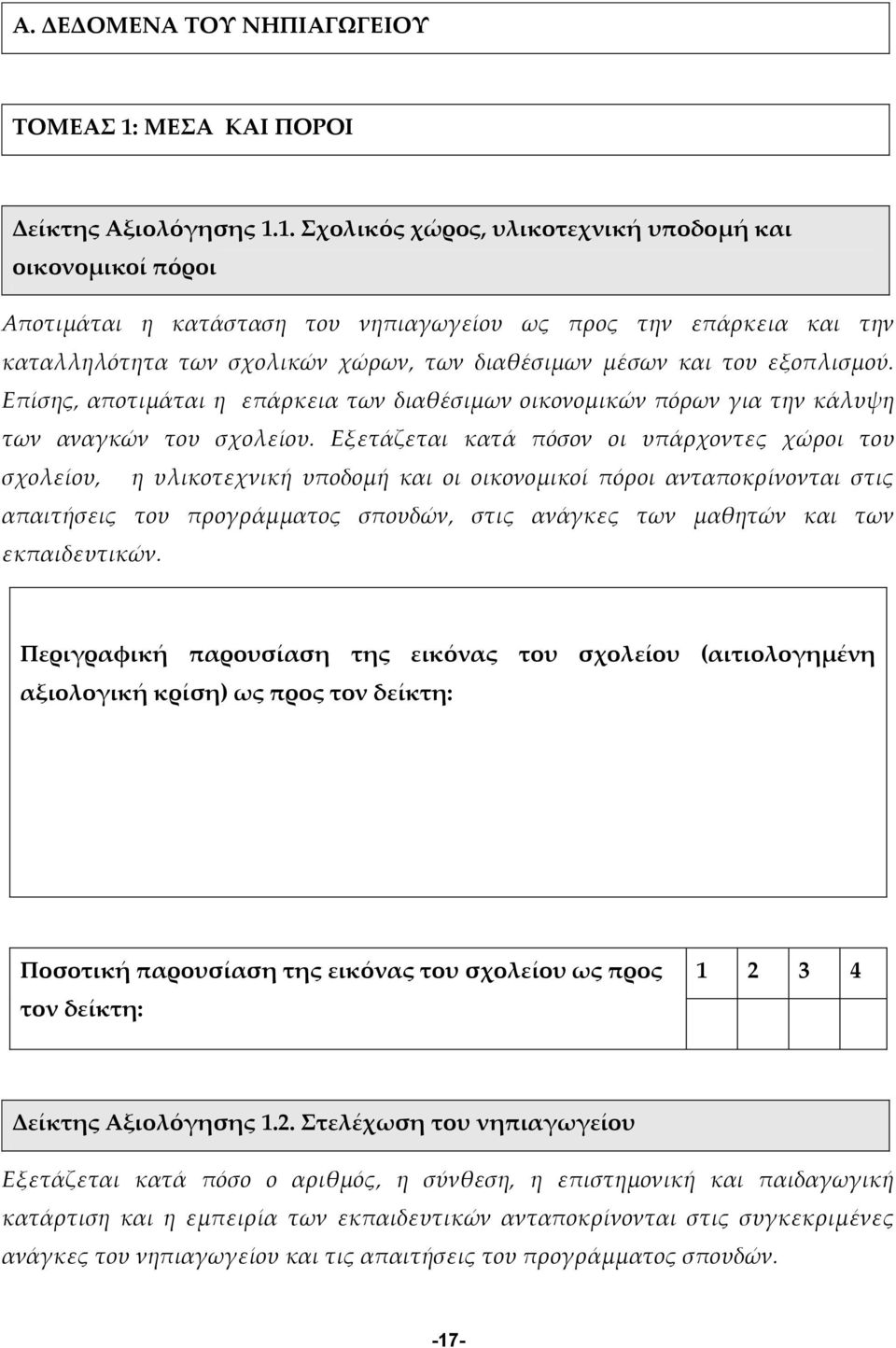 1. Σχολικός χώρος, υλικοτεχνική υποδομή και οικονομικοί πόροι Αποτιμάται η κατάσταση του νηπιαγωγείου ως προς την επάρκεια και την καταλληλότητα των σχολικών χώρων, των διαθέσιμων μέσων και του