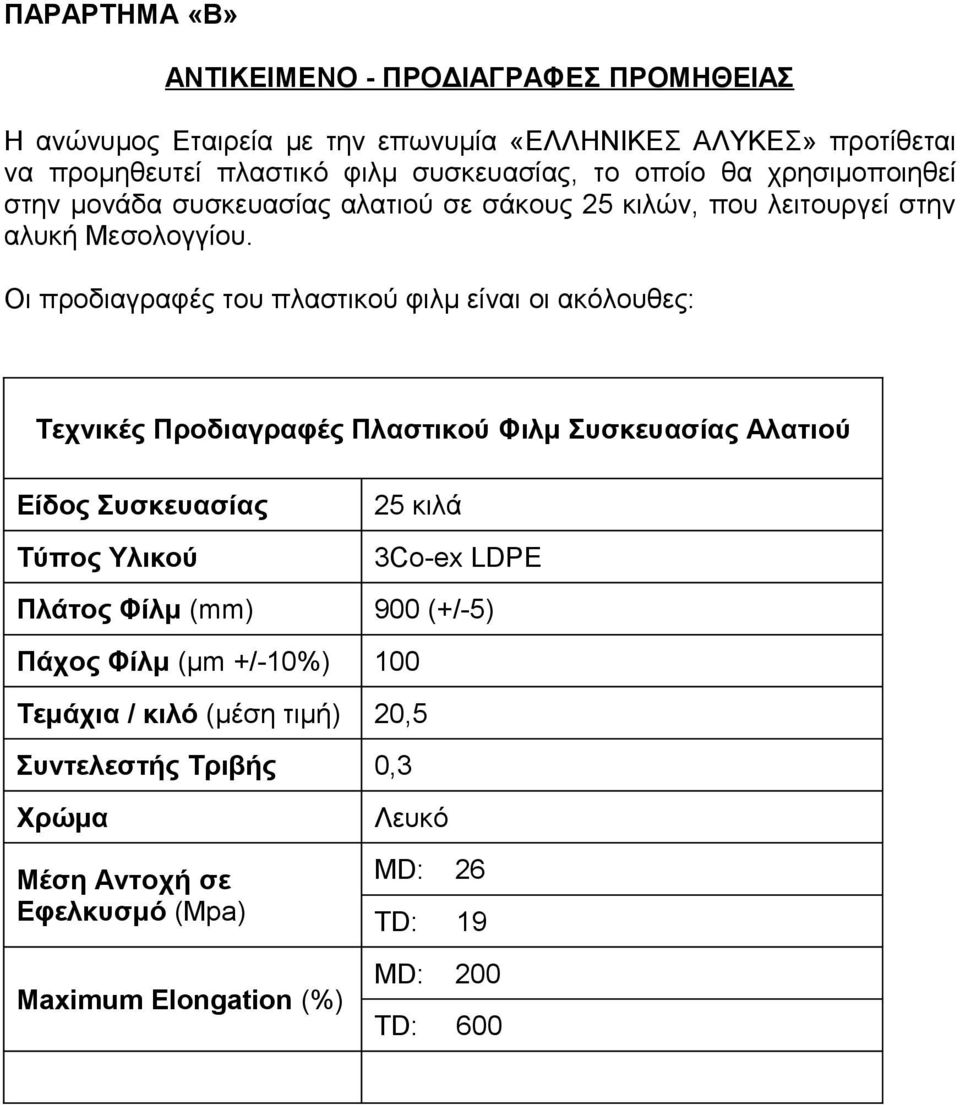 Οι προδιαγραφές του πλαστικού φιλμ είναι οι ακόλουθες: Τεχνικές Προδιαγραφές Πλαστικού Φιλμ Συσκευασίας Αλατιού Είδος Συσκευασίας Τύπος Υλικού 25 κιλά 3Co-ex