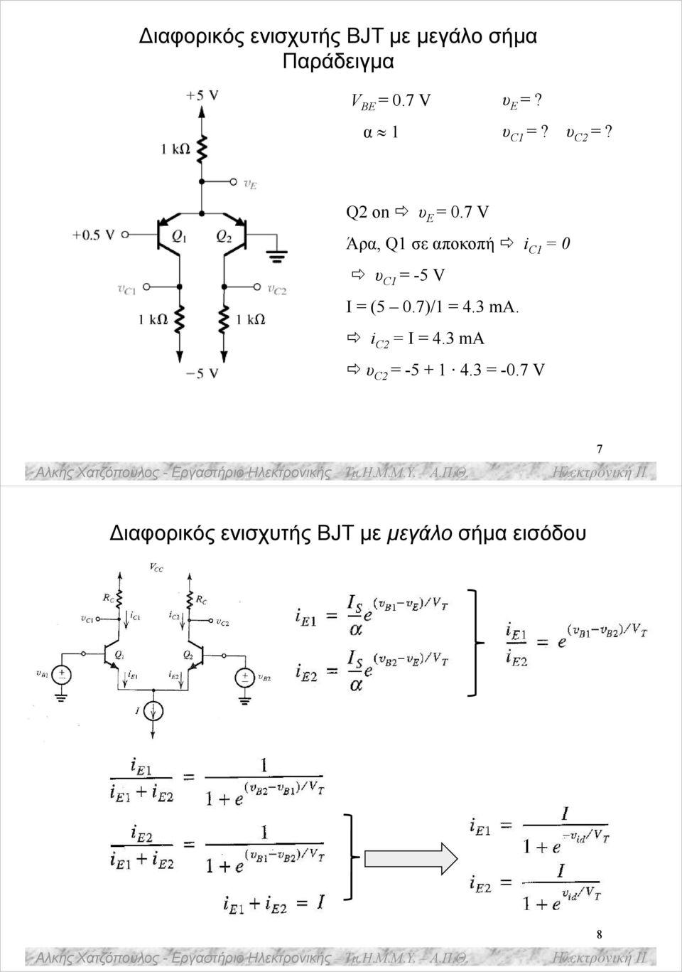 7 V Άρα, Q1 σε αποκοπή i C1 = 0 υ C1 = -5 V I = (5 0.7)/1 = 4.3 ma.