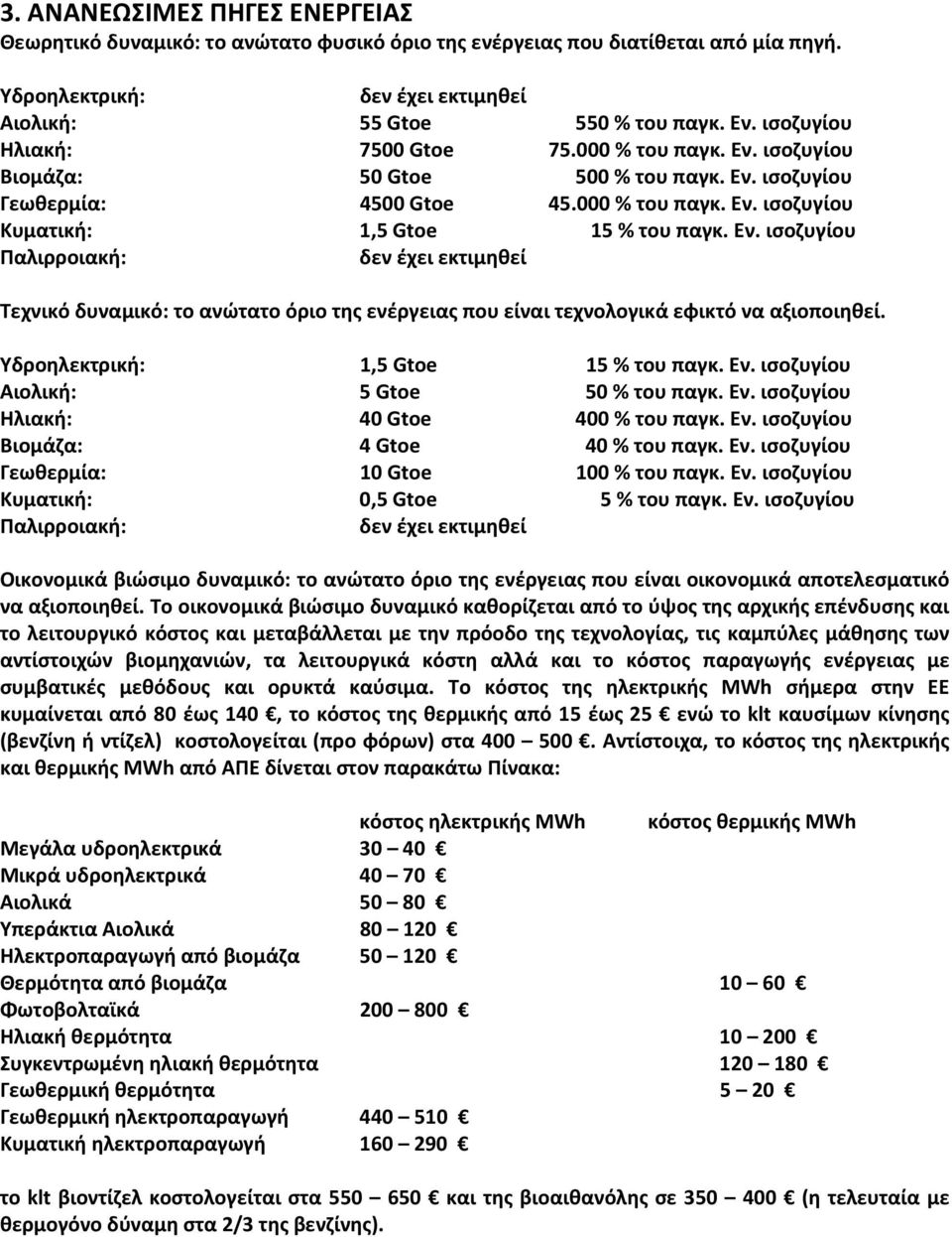 Υδροηλεκτρική: 1,5 Gtoe 15 % του παγκ. Εν. ισοζυγίου Αιολική: 5 Gtoe 50 % του παγκ. Εν. ισοζυγίου Ηλιακή: 40 Gtoe 400 % του παγκ. Εν. ισοζυγίου Βιομάζα: 4 Gtoe 40 % του παγκ. Εν. ισοζυγίου Γεωθερμία: 10 Gtoe 100 % του παγκ.