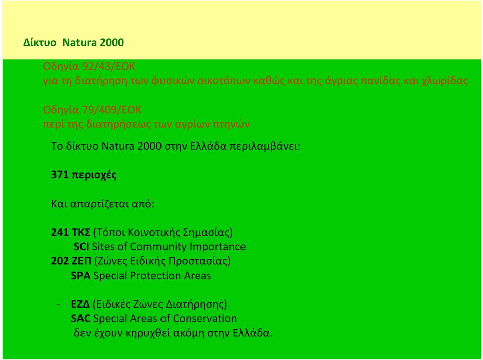 Και απαρτίζεται από: 241ΤΚΣ(ΤόποιΚοινοτικήςΣημασίας) SCI Sites of Community Importance 202 ΖΕΠ(Ζώνες Ειδικής Προστασίας)