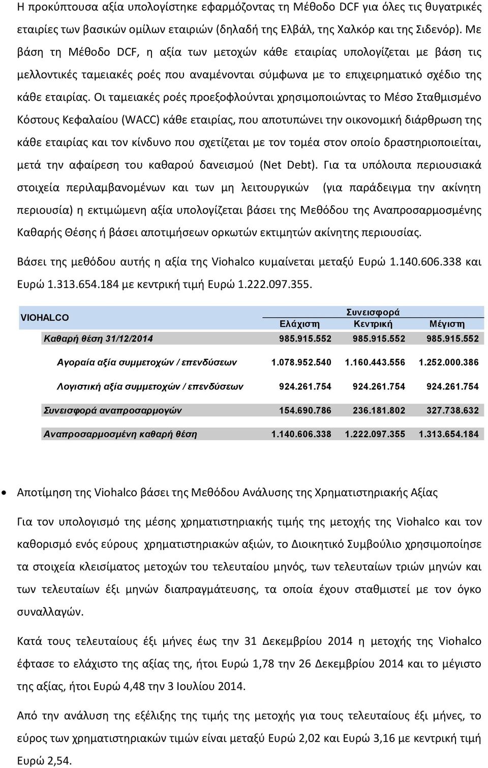 Οι ταμειακές ροές προεξοφλούνται χρησιμοποιώντας το Μέσο Σταθμισμένο Κόστους Κεφαλαίου (WACC) κάθε εταιρίας, που αποτυπώνει την οικονομική διάρθρωση της κάθε εταιρίας και τον κίνδυνο που σχετίζεται