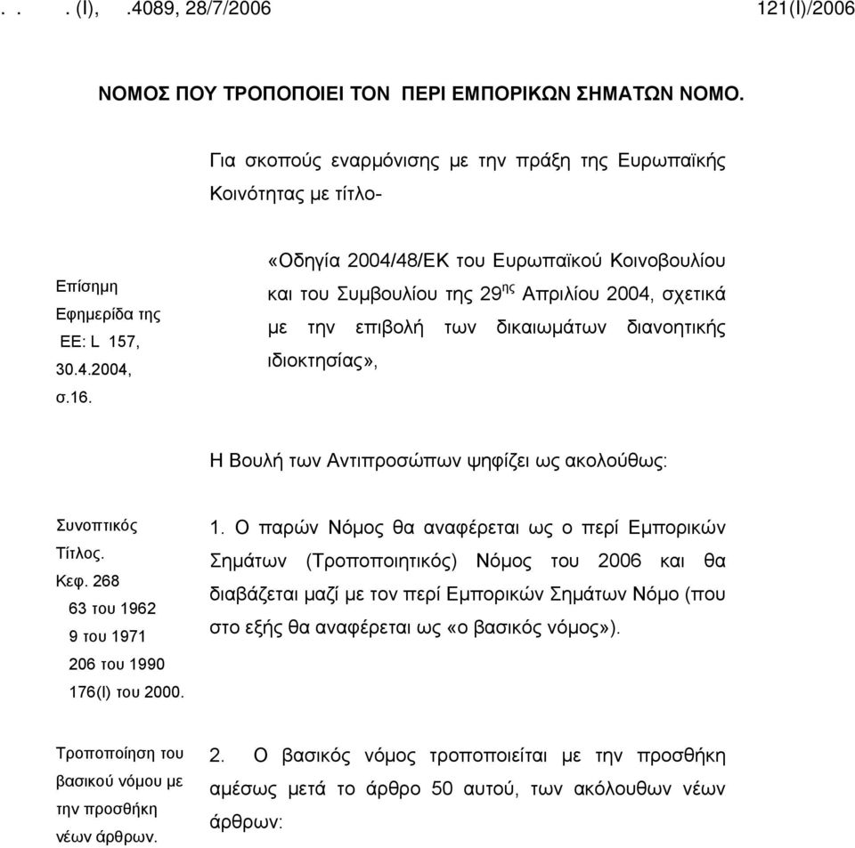 ακολούθως: Συνοπτικός Τίτλος. Κεφ. 268 63 του 19