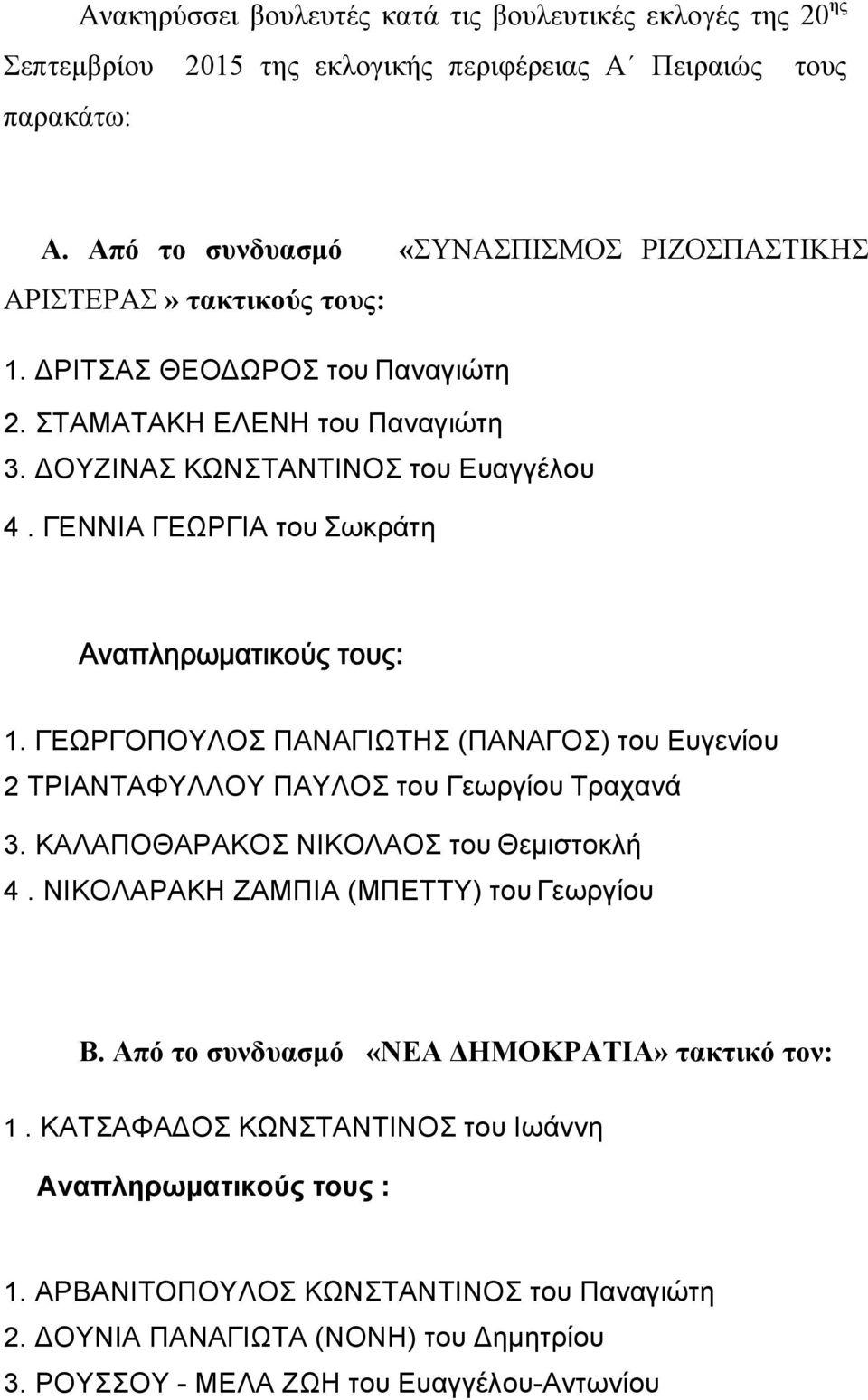 ΓΕΝΝΙΑ ΓΕΩΡΓΙΑ του Σωκράτη Αναπληρωματικούς τους: 1. ΓΕΩΡΓΟΠΟΥΛΟΣ ΠΑΝΑΓΙΩΤΗΣ (ΠΑΝΑΓΟΣ) του Ευγενίου 2 ΤΡΙΑΝΤΑΦΥΛΛΟΥ ΠΑΥΛΟΣ του Γεωργίου Τραχανά 3. ΚΑΛΑΠΟΘΑΡΑΚΟΣ ΝΙΚΟΛΑΟΣ του Θεμιστοκλή 4.