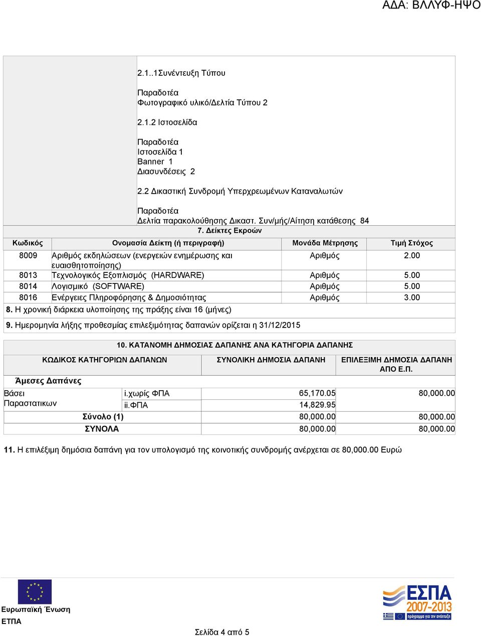 Λογισμικό (SOFTWARE) Ενέργειες Πληροφόρησης & Δημοσιότητας 8. Η χρονική διάρκεια υλοποίησης της πράξης είναι 16 (μήνες) 9. Ημερομηνία λήξης προθεσμίας επιλεξιμότητας δαπανών ορίζεται η 31/12/2015 10.