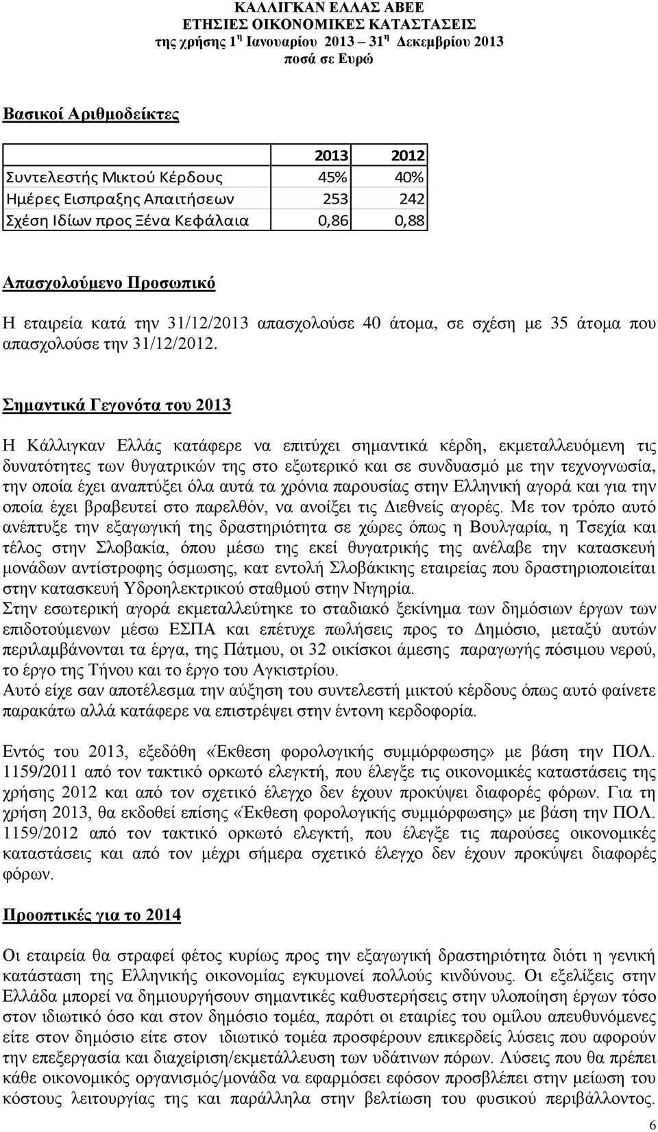 Σημαντικά Γεγονότα του 2013 Η Κάλλιγκαν Ελλάς κατάφερε να επιτύχει σημαντικά κέρδη, εκμεταλλευόμενη τις δυνατότητες των θυγατρικών της στο εξωτερικό και σε συνδυασμό με την τεχνογνωσία, την οποία