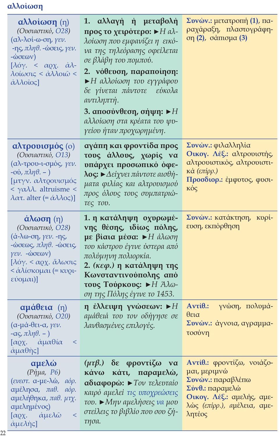 λωσις < λίσκοµαι (= κυριεύοµαι)] αμάθεια (η) (Ουσιαστικό, Ο20) (α-μά-θει-α, γεν. -ας, πληθ. ) [αρχ. µαθία < µαθ ς] αμελώ (Ρήμα, Ρ6) (ενεστ. α-με-λώ, αόρ. αμέλησα, παθ. αόρ. αμελήθηκα, παθ. μτχ.