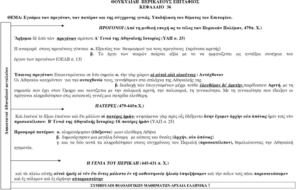 Εξαιτίας του θαυμασμού για τους προγόνους (πρότυπα αρετής) β. Το έργο των νεκρών παίρνει αξία με το να εμφανίζεται ως αντάξια συνέχεια του έργου των προγόνων (ΟΕ Β σ.