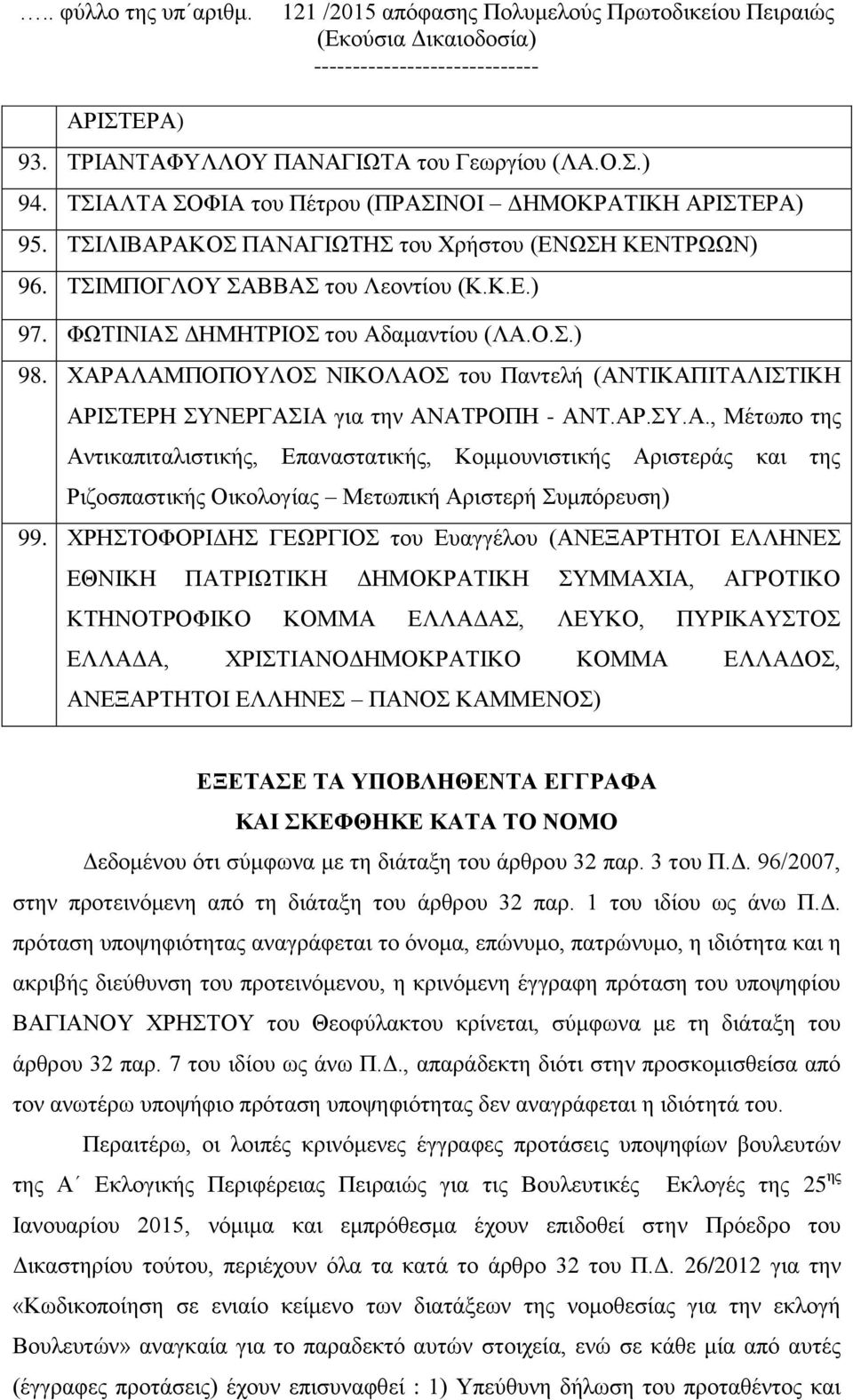 Ο.Σ.) 98. ΧΑΡΑΛΑΜΠΟΠΟΥΛΟΣ ΝΙΚΟΛΑΟΣ του Παντελή (ΑΝΤΙΚΑΠΙΤΑΛΙΣΤΙΚΗ ΑΡΙΣΤΕΡΗ ΣΥΝΕΡΓΑΣΙΑ για την ΑΝΑΤΡΟΠΗ - ΑΝΤ.ΑΡ.ΣΥ.Α., Μέτωπο της Ριζοσπαστικής Οικολογίας Μετωπική Αριστερή Συμπόρευση) 99.