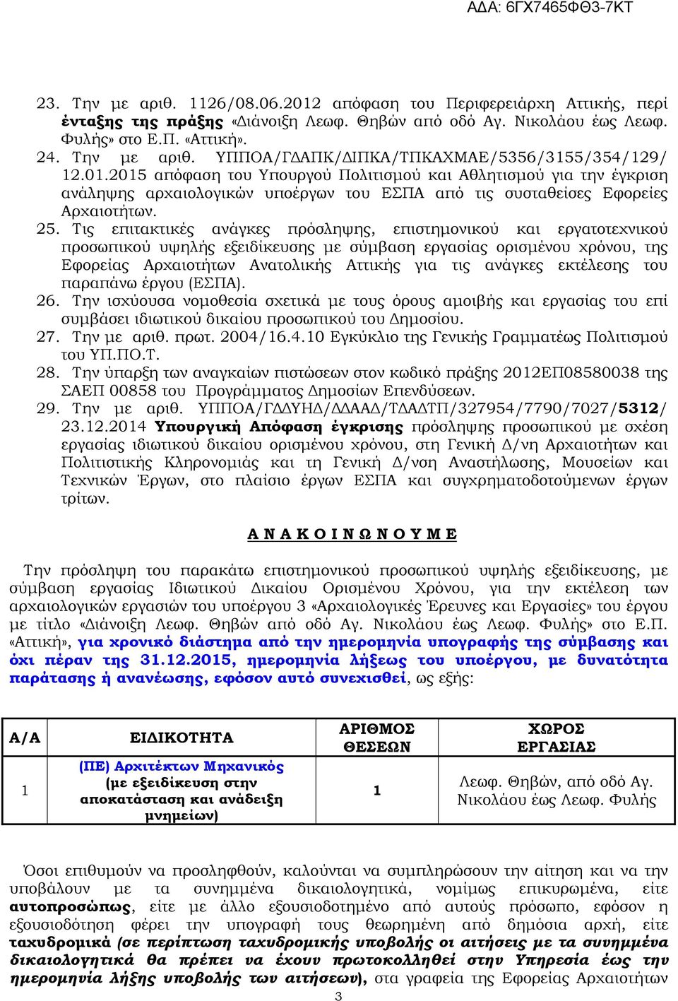 Τις επιτακτικές ανάγκες πρόσληψης, επιστηµονικού και εργατοτεχνικού προσωπικού υψηλής εξειδίκευσης µε σύµβαση εργασίας ορισµένου χρόνου, της Εφορείας Αρχαιοτήτων Ανατολικής Αττικής για τις ανάγκες