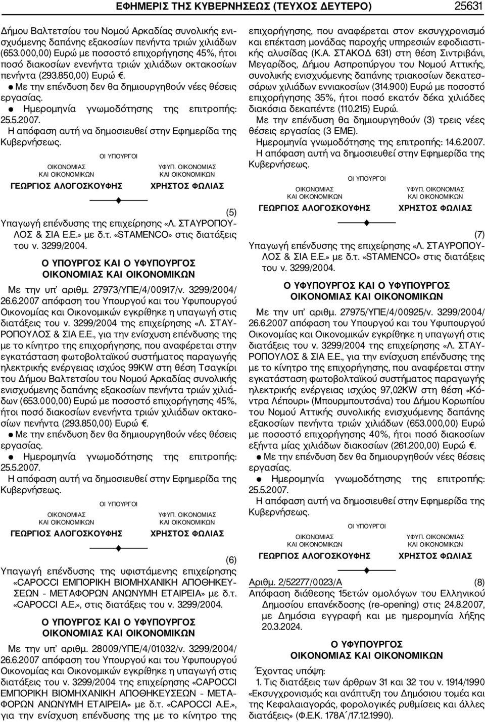 Με την επένδυση δεν θα δημιουργηθούν νέες θέσεις Ημερομηνία γνωμοδότησης της επιτροπής: 25.5.2007. YΦΥΠ. (5) Υπαγωγή επένδυσης της επιχείρησης «Λ. ΣΤΑΥΡΟΠΟΥ ΛΟΣ & ΣΙΑ Ε.Ε.» με δ.τ. «STAMENCO» στις διατάξεις του ν.