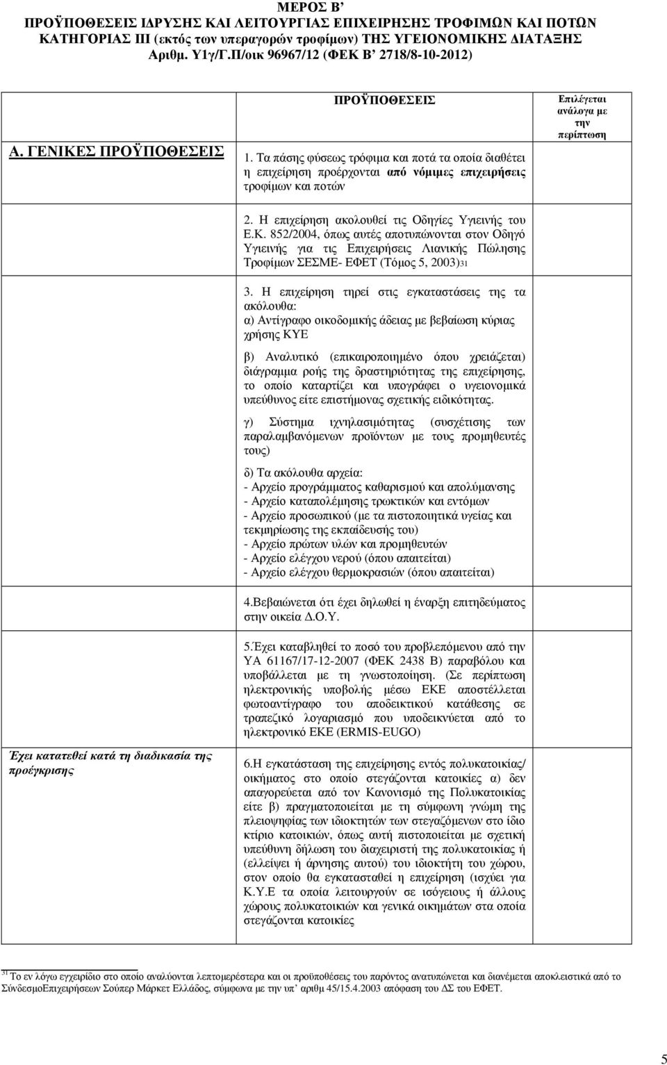 Η επιχείρηση ακολουθεί τις Οδηγίες Υγιεινής του Ε.Κ. 852/2004, όπως αυτές αποτυπώνονται στον Οδηγό Υγιεινής για τις Επιχειρήσεις Λιανικής Πώλησης Τροφίµων ΣΕΣΜΕ- ΕΦΕΤ (Τόµος 5, 2003)31 3.