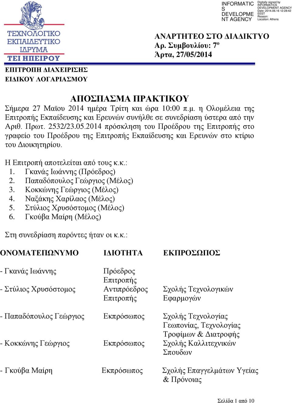 Γκανάς Ιωάννης (Πρόεδρος) 2. Παπαδόπουλος Γεώργιος (Μέλος) 3. Κοκκώνης Γεώργιος (Μέλος) 4. Ναξάκης Χαρίλαος (Μέλος) 5. Στύλιος Χρυσόστομος (Μέλος) 6.