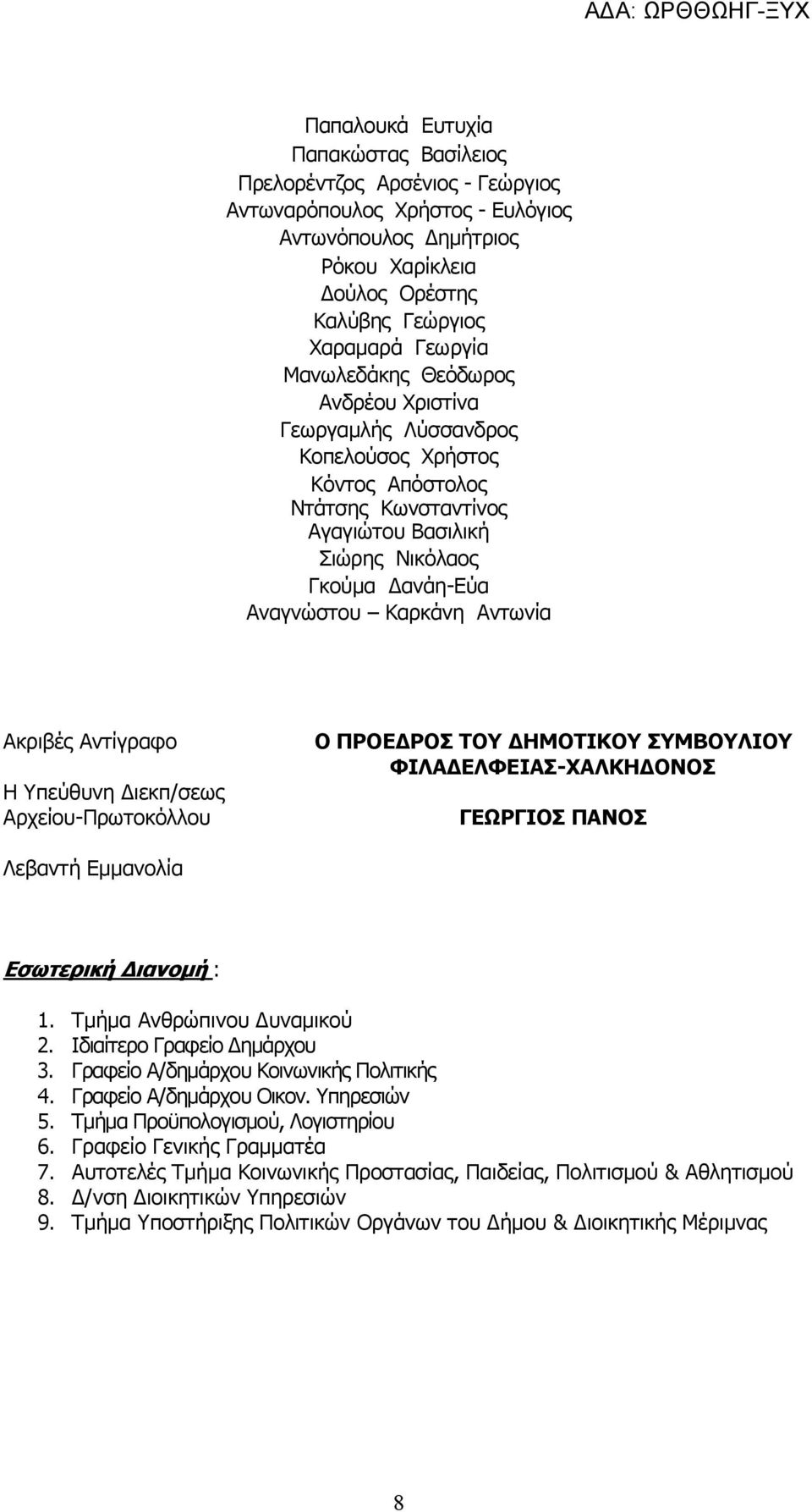 Ακριβές Αντίγραφο Η Υπεύθυνη Διεκπ/σεως Αρχείου-Πρωτοκόλλου Ο ΠΡΟΕΔΡΟΣ ΤΟΥ ΔΗΜΟΤΙΚΟΥ ΣΥΜΒΟΥΛΙΟΥ ΦΙΛΑΔΕΛΦΕΙΑΣ-ΧΑΛΚΗΔΟΝΟΣ ΓΕΩΡΓΙΟΣ ΠΑΝΟΣ Λεβαντή Εμμανολία Εσωτερική Διανομή : 1.