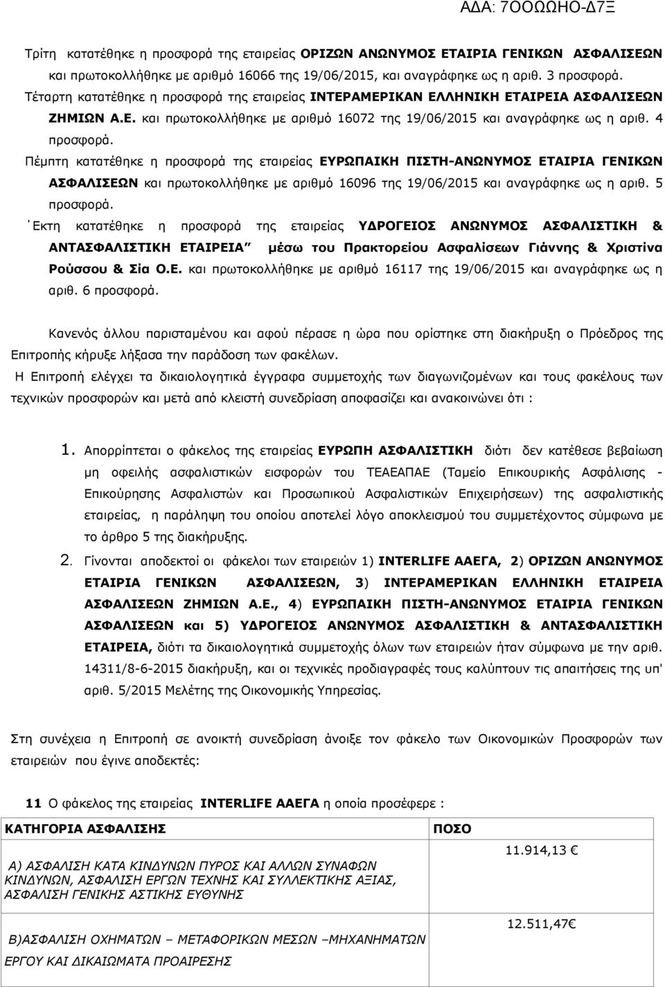 Πέμπτη κατατέθηκε η προσφορά της εταιρείας ΕΥΡΩΠΑΙΚΗ ΠΙΣΤΗ-ΑΝΩΝΥΜΟΣ ΕΤΑΙΡΙΑ ΓΕΝΙΚΩΝ ΑΣΦΑΛΙΣΕΩΝ και πρωτοκολλήθηκε με αριθμό 16096 της 19/06/2015 και αναγράφηκε ως η αριθ. 5 προσφορά.