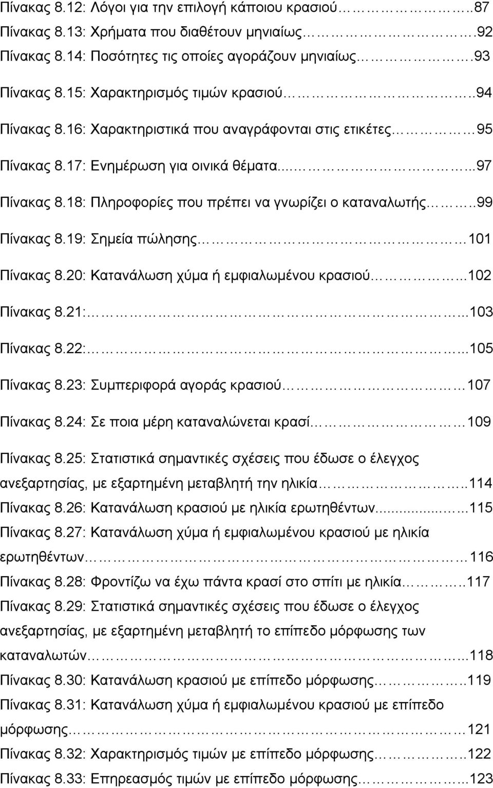 18: Πληροφορίες που πρέπει να γνωρίζει ο καταναλωτής..99 Πίνακας 8.19: Σημεία πώλησης 101 Πίνακας 8.20: Κατανάλωση χύμα ή εμφιαλωμένου κρασιού...102 Πίνακας 8.21:...103 Πίνακας 8.22:...105 Πίνακας 8.