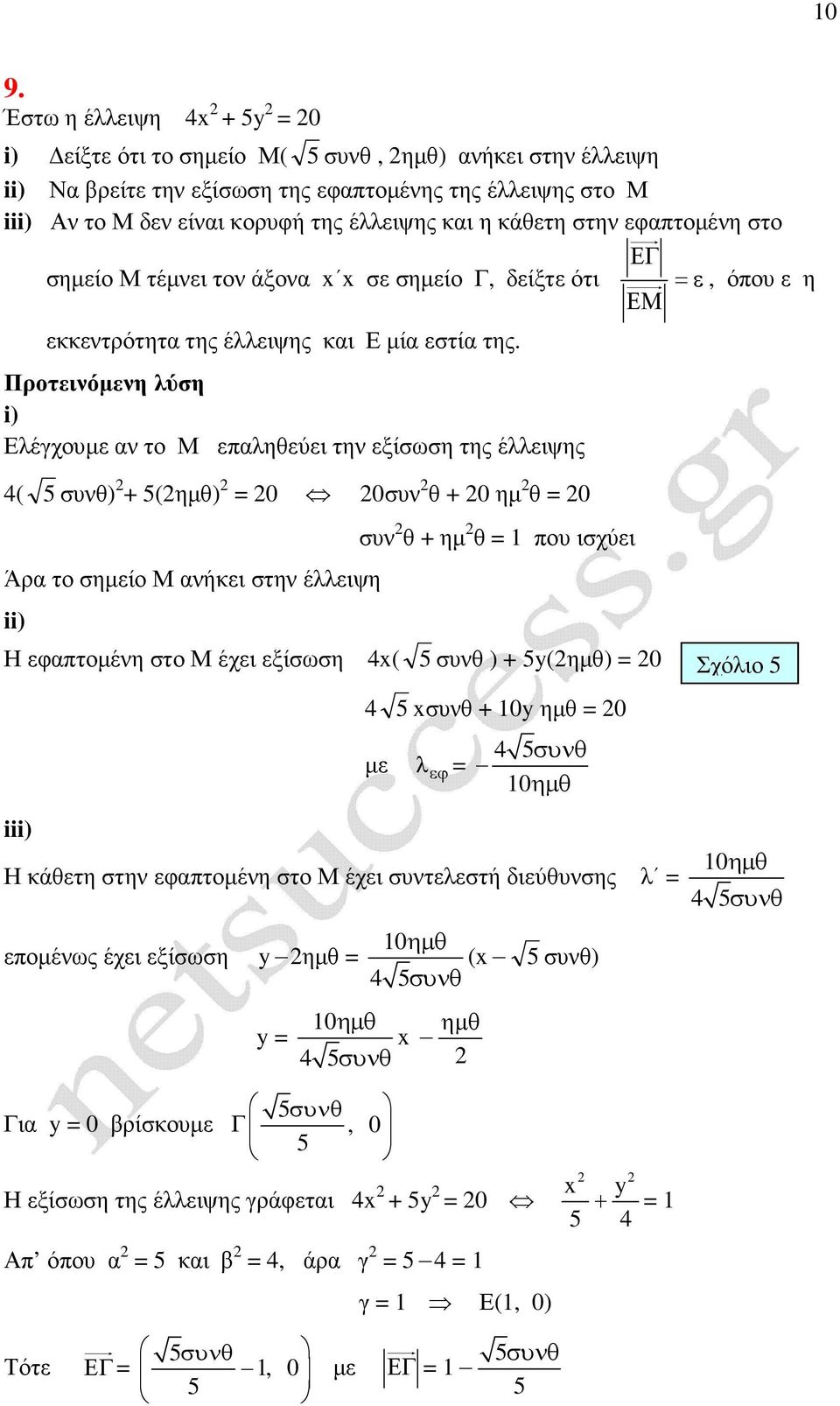 i) Ελέγχουµ ν το Μ πληθύι την ξίσωση της έλλιψης ( συνθ) + (ηµθ) 0 0συν θ + 0 ηµ θ 0 Άρ το σηµίο Μ νήι στην έλλιψη ii) συν θ + ηµ θ που ισχύι Η φπτοµένη στο Μ έχι ξίσωση ( συνθ ) +