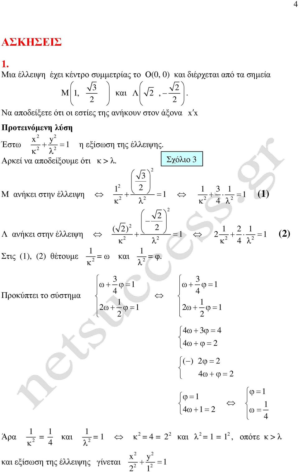 Σχόλιο 3 Μ νήι στην έλλιψη 3 + λ ( ) Λ νήι στην έλλιψη + λ Στις (), () θέτουµ ω ι λ φ.
