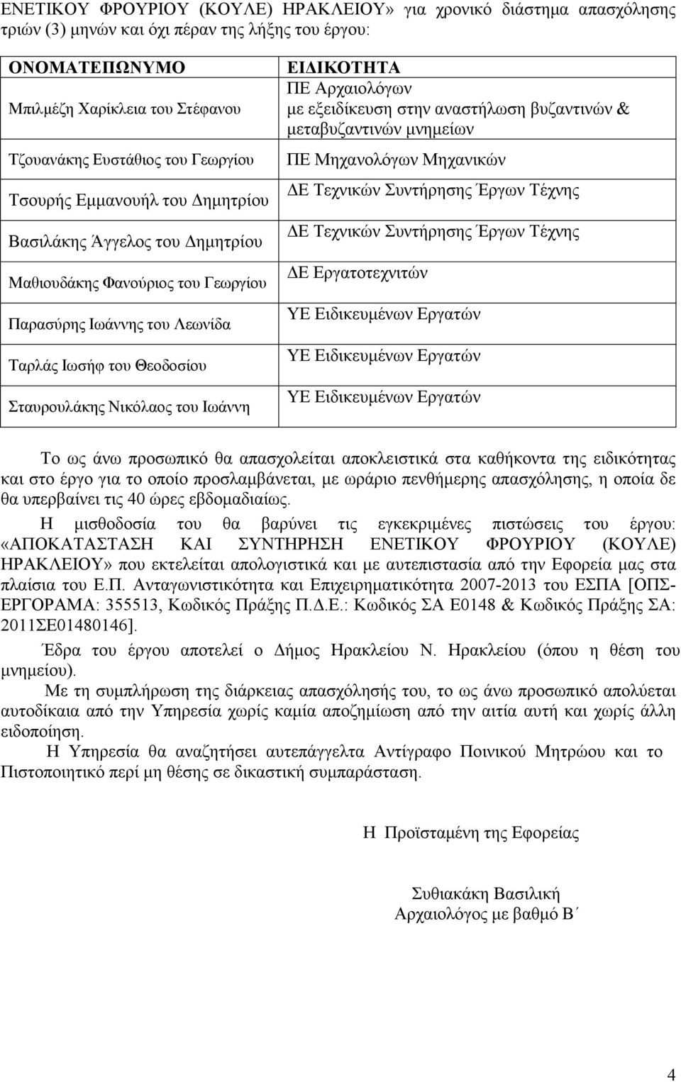 ΙΚΟΤΗΤΑ ΠΕ Αρχαιολόγων µε εξειδίκευση στην αναστήλωση βυζαντινών & µεταβυζαντινών µνηµείων ΠΕ Μηχανολόγων Μηχανικών Ε Τεχνικών Συντήρησης Έργων Τέχνης Ε Τεχνικών Συντήρησης Έργων Τέχνης Ε