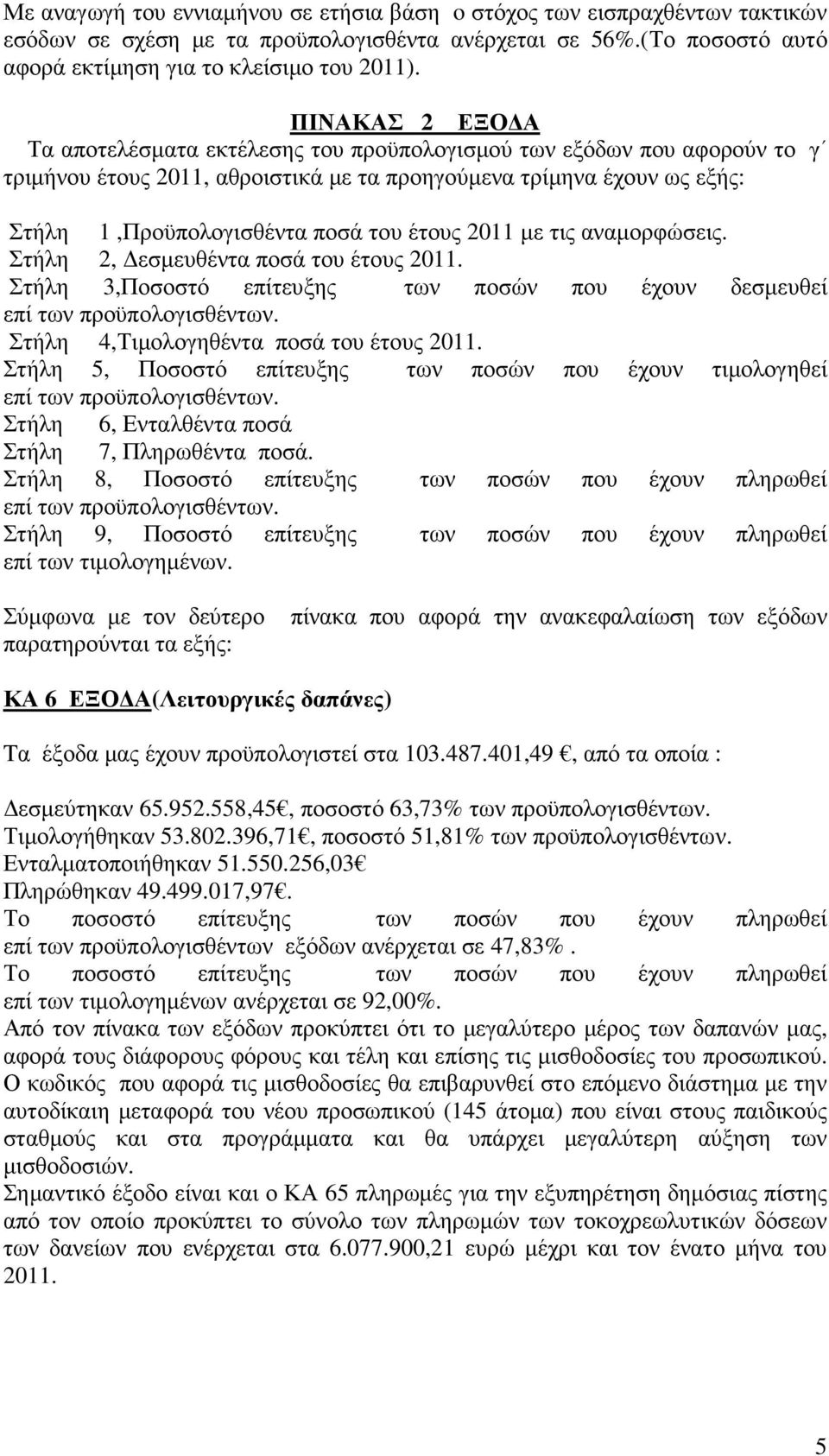 έτους 2011 µε τις αναµορφώσεις. Στήλη 2, εσµευθέντα ποσά του έτους 2011. Στήλη 3,Ποσοστό επίτευξης των ποσών που έχουν δεσµευθεί επί των προϋπολογισθέντων. Στήλη 4,Τιµολογηθέντα ποσά του έτους 2011.