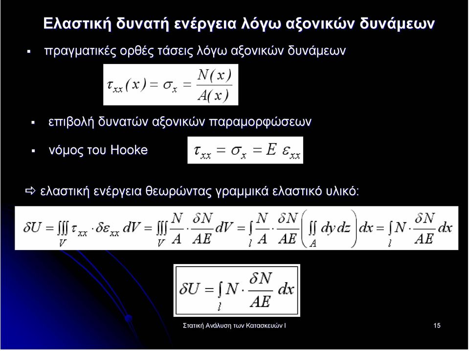 αξονικών παραµορφώσεων νόµος του Hooke ελαστική ενέργεια