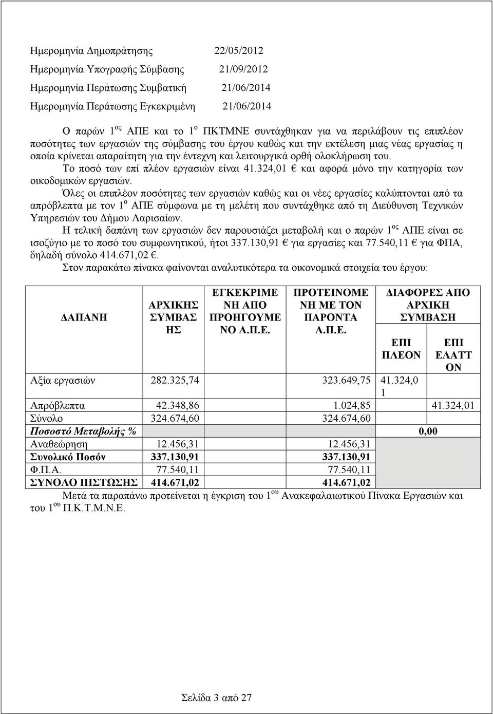 ολοκλήρωση του. Το ποσό των επί πλέον εργασιών είναι 41.324,01 και αφορά μόνο την κατηγορία των οικοδομικών εργασιών.