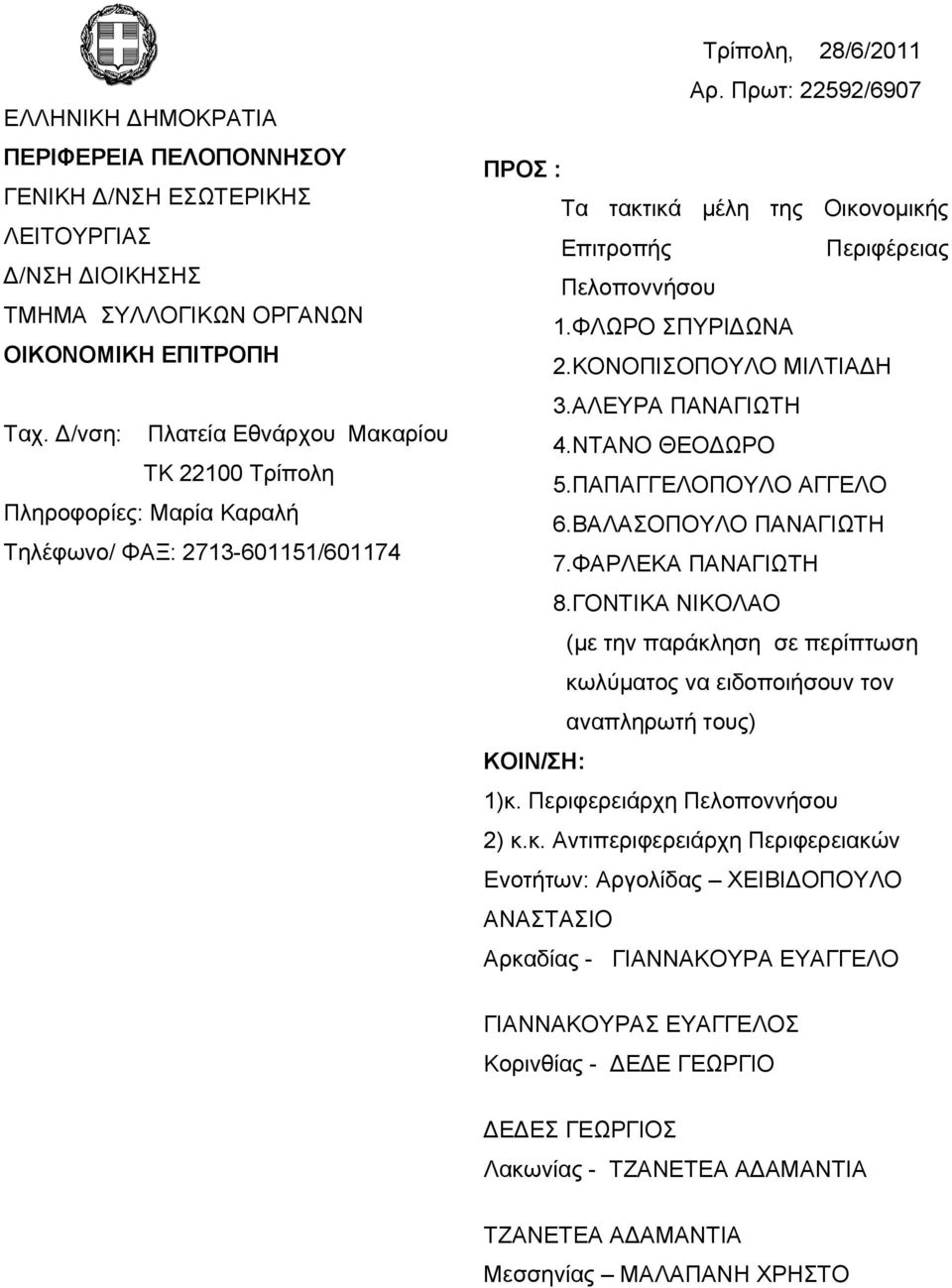 Πρωτ: 22592/6907 ΠΡΟΣ : Τα τακτικά μέλη της Οικονομικής Επιτροπής Περιφέρειας Πελοποννήσου 1.ΦΛΩΡΟ ΣΠΥΡΙΔΩΝΑ 2.ΚΟΝΟΠΙΣΟΠΟΥΛΟ ΜΙΛΤΙΑΔΗ 3.ΑΛΕΥΡΑ ΠΑΝΑΓΙΩΤΗ 4.ΝΤΑΝΟ ΘΕΟΔΩΡΟ 5.ΠΑΠΑΓΓΕΛΟΠΟΥΛΟ ΑΓΓΕΛΟ 6.