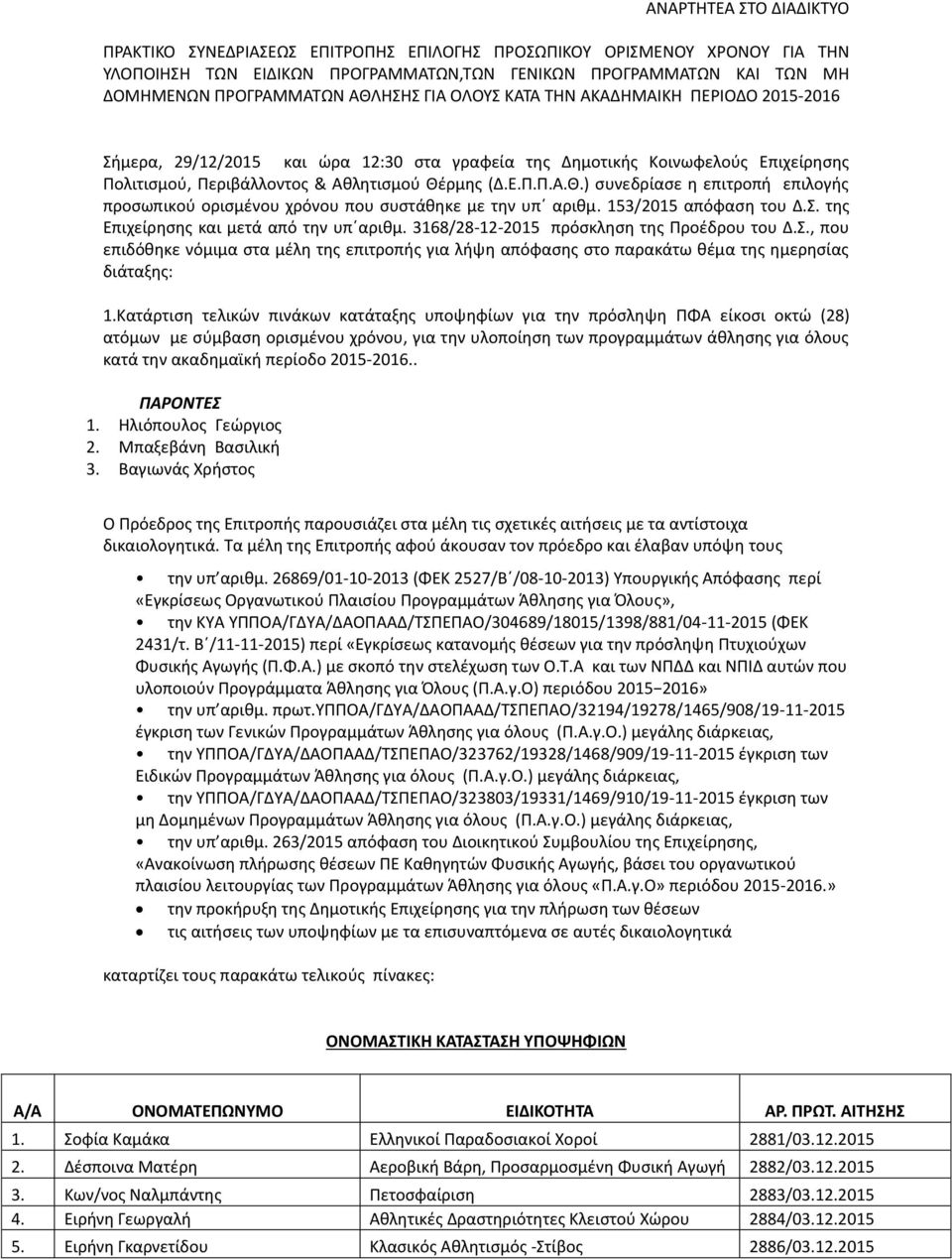 153/2015 απόφαση του Δ.Σ. της Επιχείρησης και μετά από την υπ αριθμ. 3168/28-12-2015 πρόσκληση της Προέδρου του Δ.Σ., που επιδόθηκε νόμιμα στα μέλη της επιτροπής για λήψη απόφασης στο παρακάτω θέμα της ημερησίας διάταξης: 1.