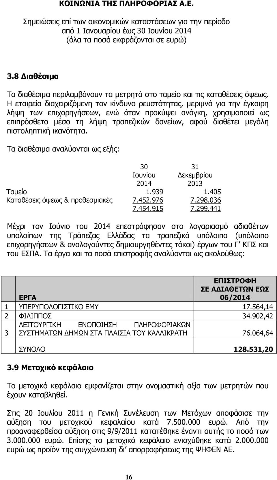 μεγάλη πιστοληπτική ικανότητα. Τα διαθέσιμα αναλύονται ως εξής: 30 Ιουνίου 2014 31 Δεκεμβρίου 2013 Ταμείο 1.939 1.405 Καταθέσεις όψεως & προθεσμιακές 7.452.976 7.298.036 7.454.915 7.299.