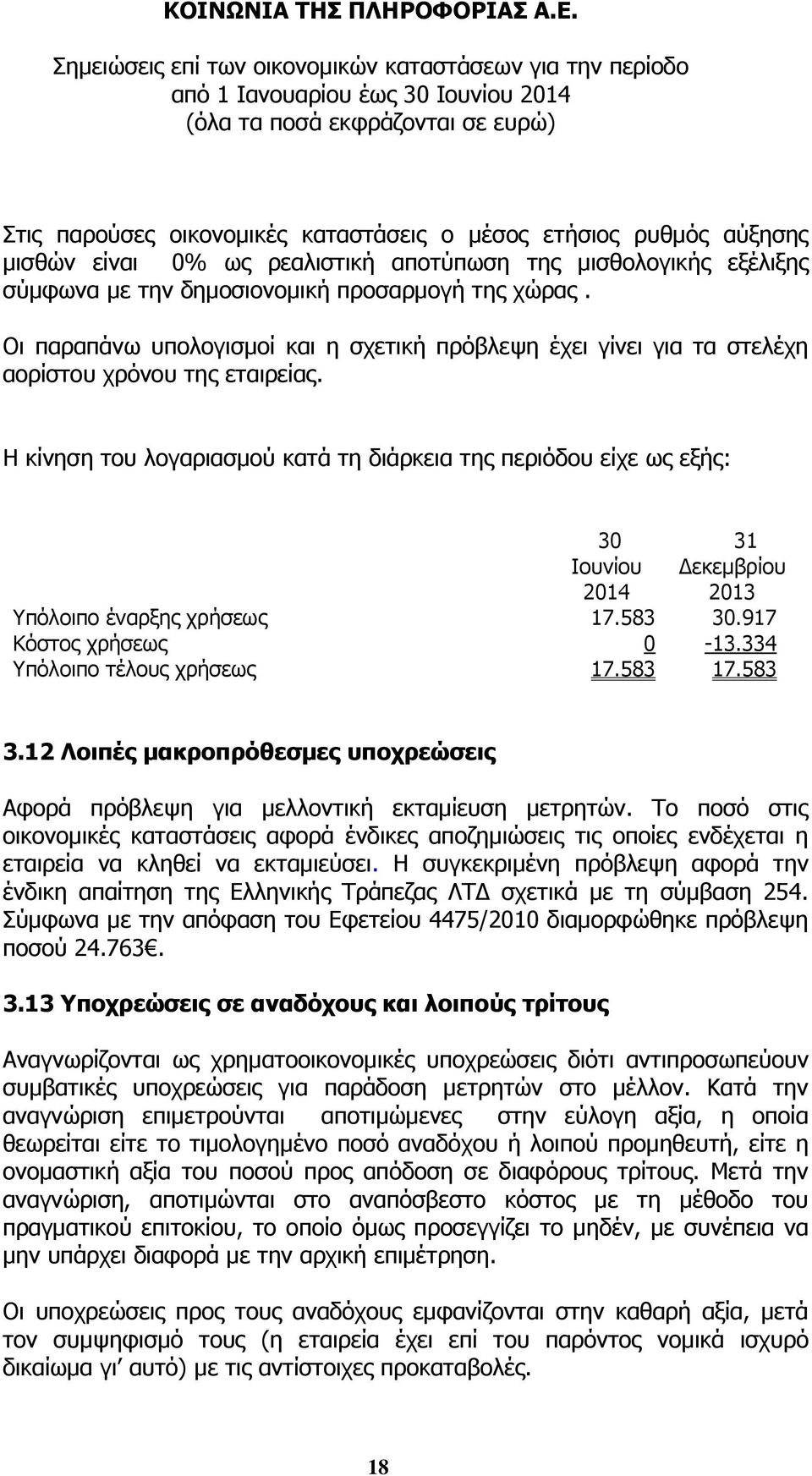 Η κίνηση του λογαριασμού κατά τη διάρκεια της περιόδου είχε ως εξής: 30 Ιουνίου 2014 31 Δεκεμβρίου 2013 Υπόλοιπο έναρξης χρήσεως 17.583 30.917 Κόστος χρήσεως 0-13.334 Υπόλοιπο τέλους χρήσεως 17.