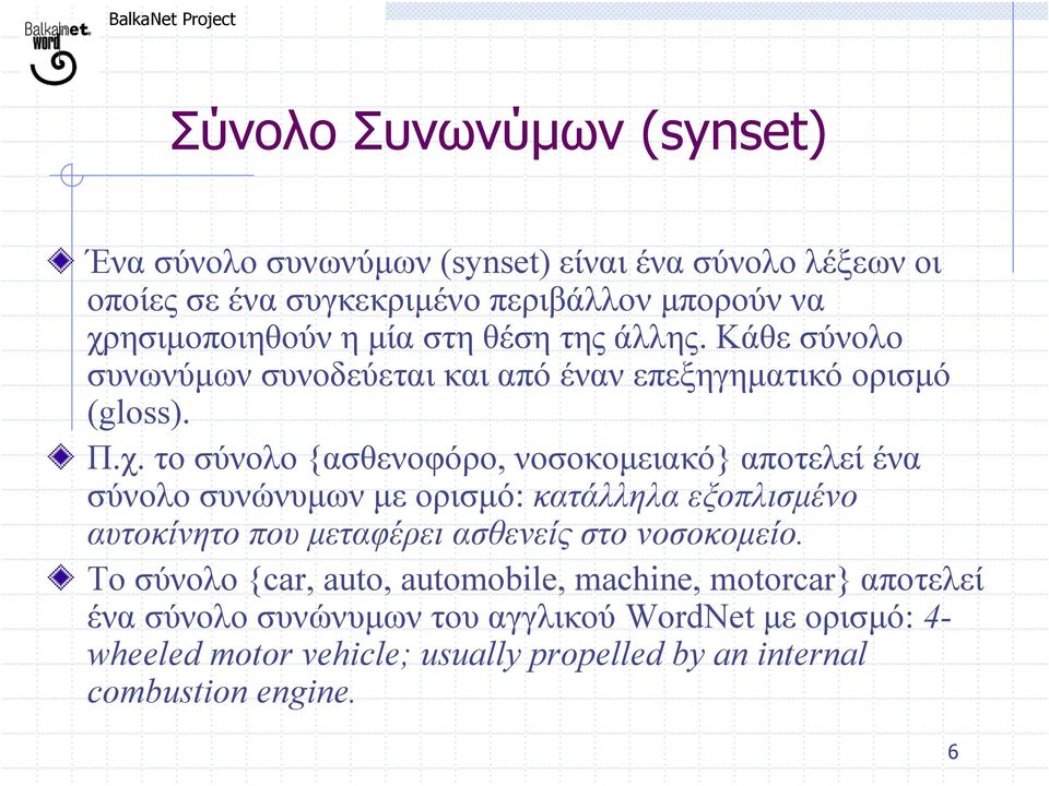 το σύνολο {ασθενοφόρο, νοσοκοµειακό} αποτελεί ένα σύνολο συνώνυµων µε ορισµό: κατάλληλα εξοπλισµένο αυτοκίνητο που µεταφέρει ασθενείς στο νοσοκοµείο.