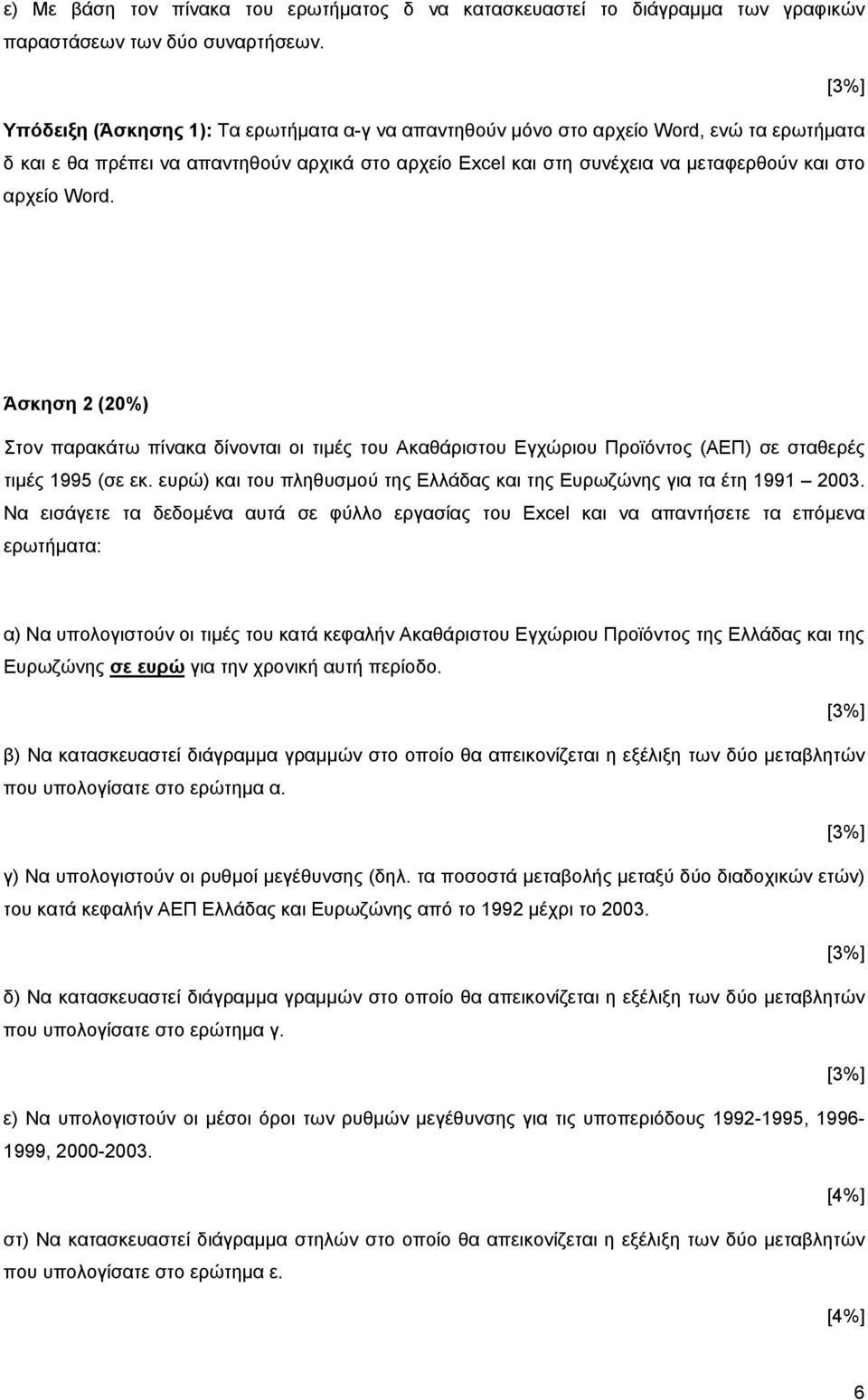 Άσκηση (0%) Στον παρακάτω πίνακα δίνονται οι τιµές του Ακαθάριστου Εγχώριου Προϊόντος (ΑΕΠ) σε σταθερές τιµές 1995 (σε εκ. ευρώ) και του πληθυσµού της Ελλάδας και της Ευρωζώνης για τα έτη 1991 003.