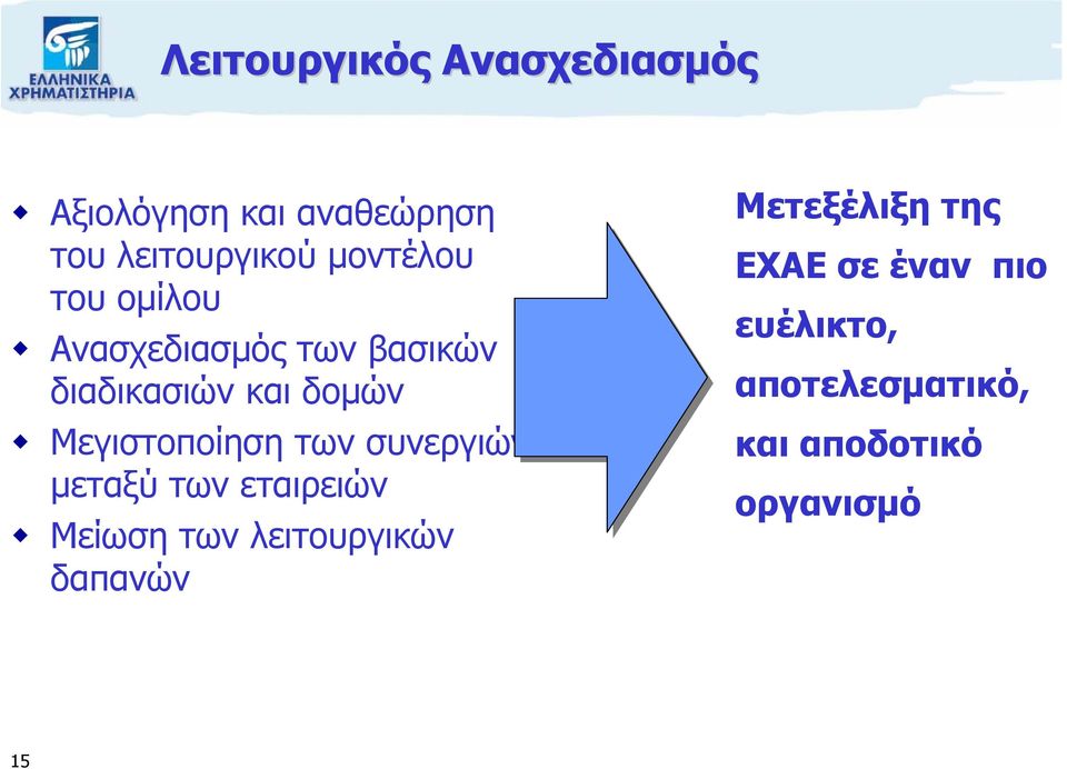 Μεγιστοποίηση των συνεργιών µεταξύ των εταιρειών Μείωση των λειτουργικών