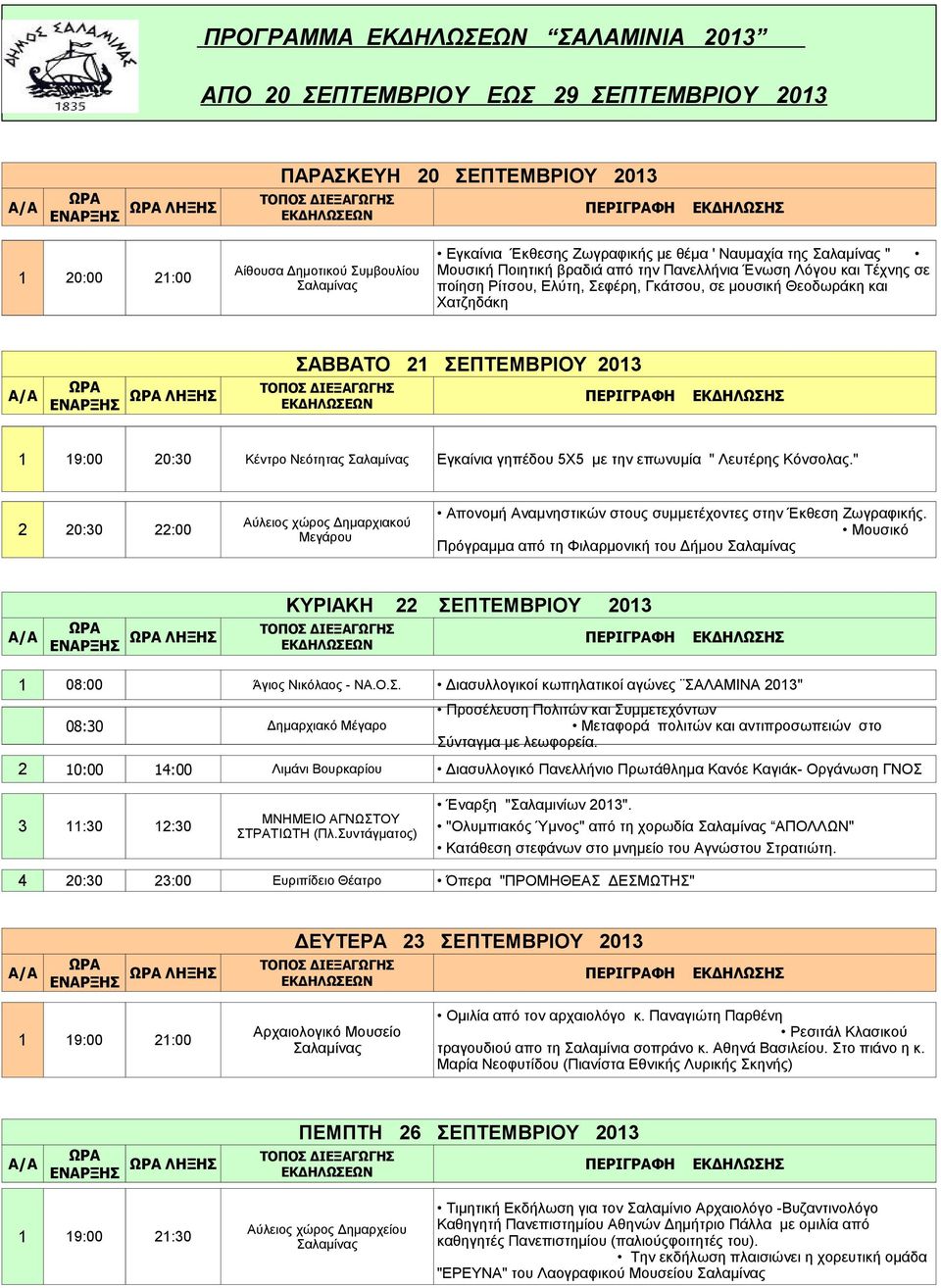 ΕΚΔΗΛΩΣΗΣ 1 19:00 20:30 Κέντρο Νεότητας Εγκαίνια γηπέδου 5Χ5 με την επωνυμία " Λευτέρης Κόνσολας.