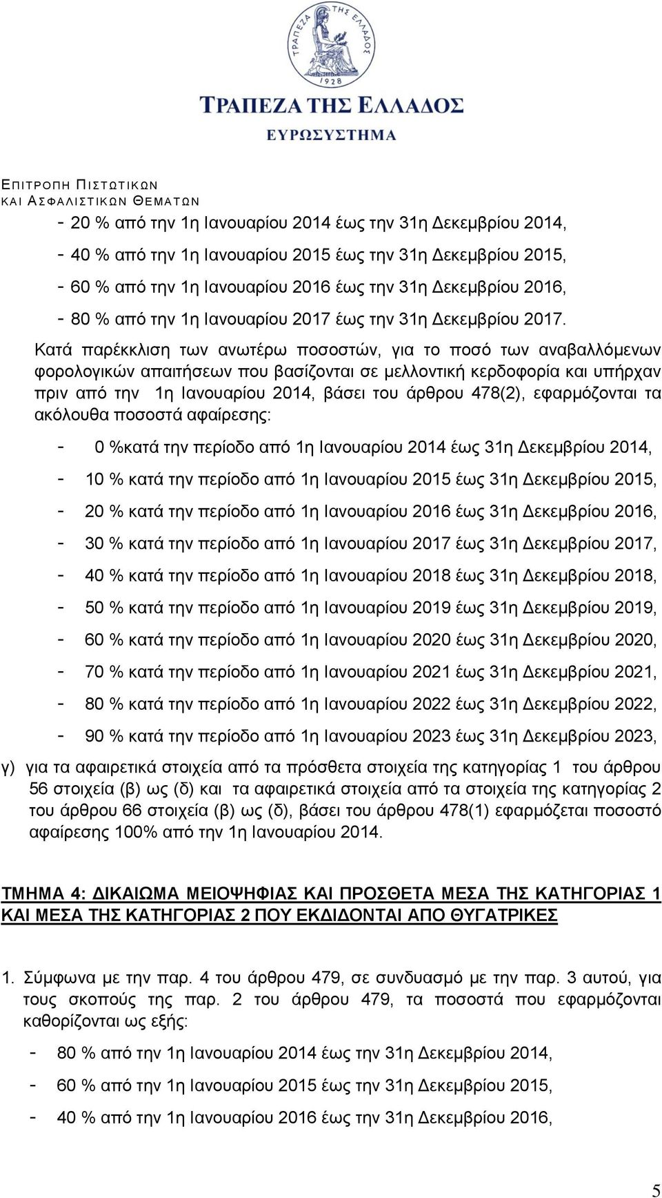 Κατά παρέκκλιση των ανωτέρω ποσοστών, για το ποσό των αναβαλλόμενων φορολογικών απαιτήσεων που βασίζονται σε μελλοντική κερδοφορία και υπήρχαν πριν από την 1η Ιανουαρίου 2014, βάσει του άρθρου