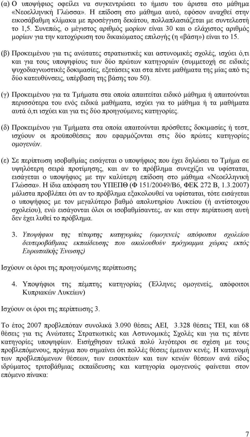 Συνεπώς, ο μέγιστος αριθμός μορίων είναι 30 και ο ελάχιστος αριθμός μορίων για την κατοχύρωση του δικαιώματος επιλογής (η «βάση») είναι το 15.